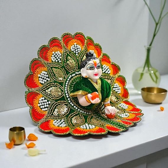 Velvet Embroidered Laddu Gopal Ji Dress | Designer Peacock Style Poshak for Krishna Ji | Bal Gopal Vastra for Janmashtami & Daily Pooja | 6 Colors (Size 0–6) (Green)