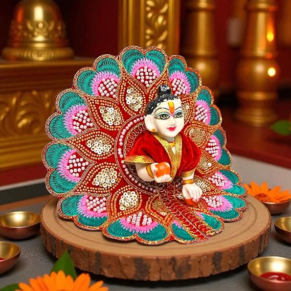 Velvet Embroidered Laddu Gopal Ji Dress | Designer Peacock Style Poshak for Krishna Ji | Bal Gopal Vastra for Janmashtami & Daily Pooja | 6 Colors (Size 0–6) (Maroon Red)