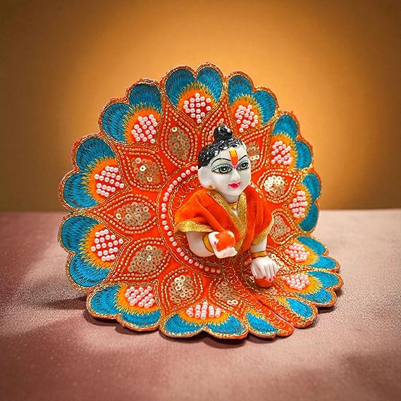 Velvet Embroidered Laddu Gopal Ji Dress | Designer Peacock Style Poshak for Krishna Ji | Bal Gopal Vastra for Janmashtami & Daily Pooja | 6 Colors (Size 0–6) (Orange)