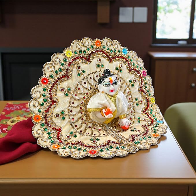 Kashyap G Poshak® Velvet Laddu Gopal Ji Dress | Stone Work Winter Poshak for Thakur Ji | Soft Warm Velvet Vastra (Cream)