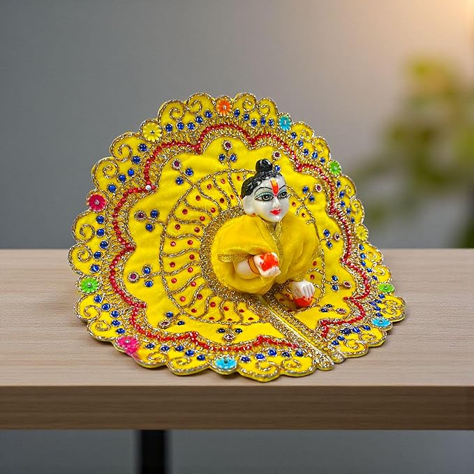 Kashyap G Poshak® Velvet Laddu Gopal Ji Dress | Stone Work Winter Poshak for Thakur Ji | Soft Warm Velvet Vastra (Yellow)