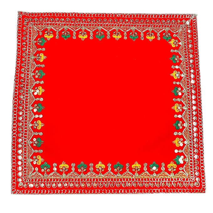 VedaantCreation – 15 x 15 Inch Red Velvet Pooja Aasan Cloth with Multicolor Floral Border | Decorative Chowki Aasan for God Idol, Mandir, Puja & Temple – Pack of 1