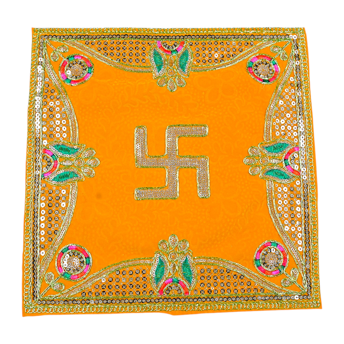 Yellow Pooja Aasan with Swastik Design | Decorative Chowki Aasan Cloth with Stone Work & Golden Lace for God Idol, Mandir, Puja, Temple – Pack of 1