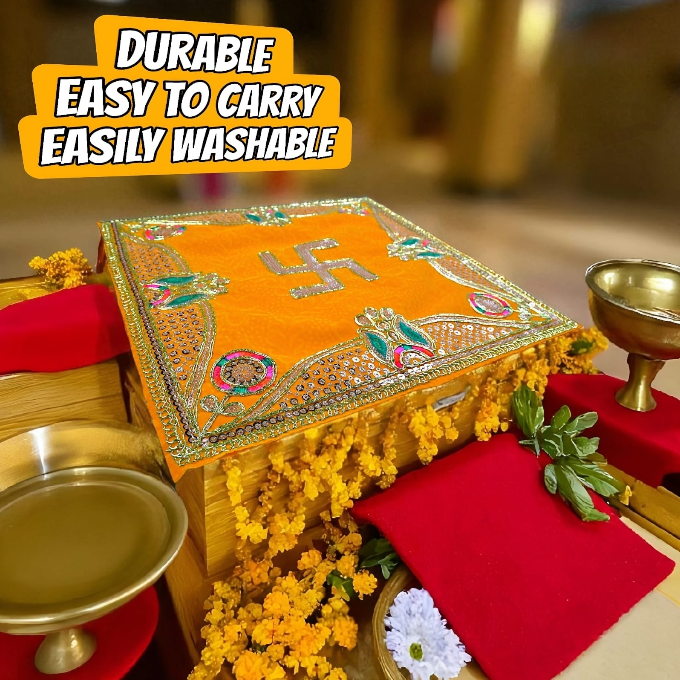 Yellow Pooja Aasan with Swastik Design | Decorative Chowki Aasan Cloth with Stone Work & Golden Lace for God Idol, Mandir, Puja, Temple – Pack of 1