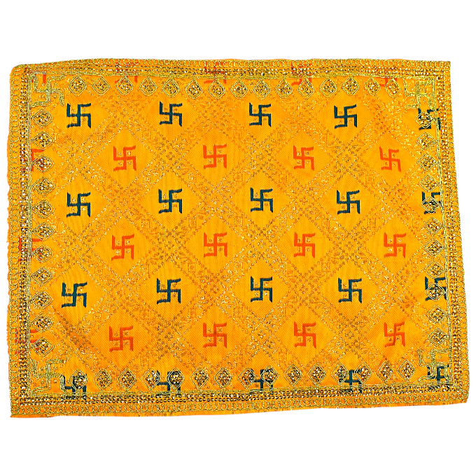 Pooja Aasan Cloth | Decorative Mandir Aasan with Swastik Design for Home Temple & Festivals (10x20 Inche, Red/Yellow)