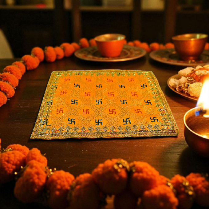 Pooja Aasan Cloth | Decorative Mandir Aasan with Swastik Design for Home Temple & Festivals (10x20 Inche, Red/Yellow)
