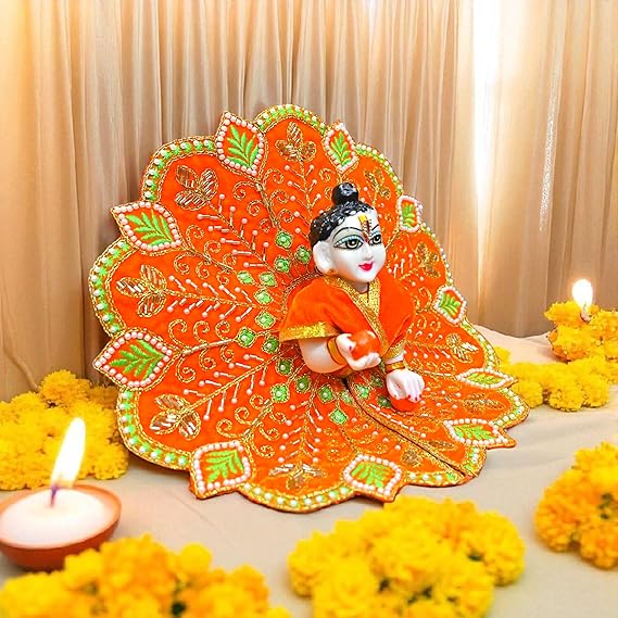 Velvet Laddu Gopal Ji Dress (Size 0–6) | Handmade Embroidered Poshak for Bal Gopal Ji | Krishna Ji Vastra for Janmashtami, Diwali & Daily Pooja (Orange)