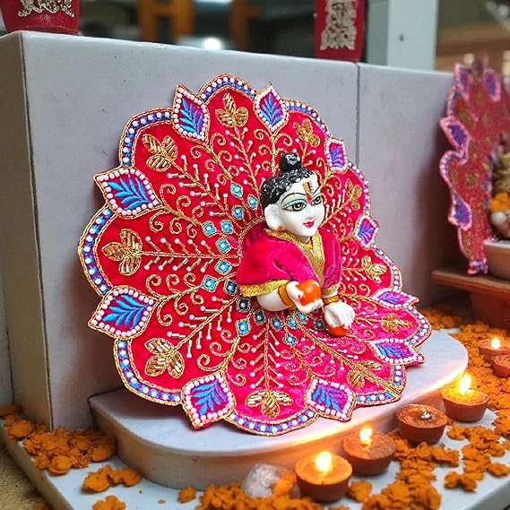 Velvet Laddu Gopal Ji Dress (Size 0–6) | Handmade Embroidered Poshak for Bal Gopal Ji | Krishna Ji Vastra for Janmashtami, Diwali & Daily Pooja (Pink)