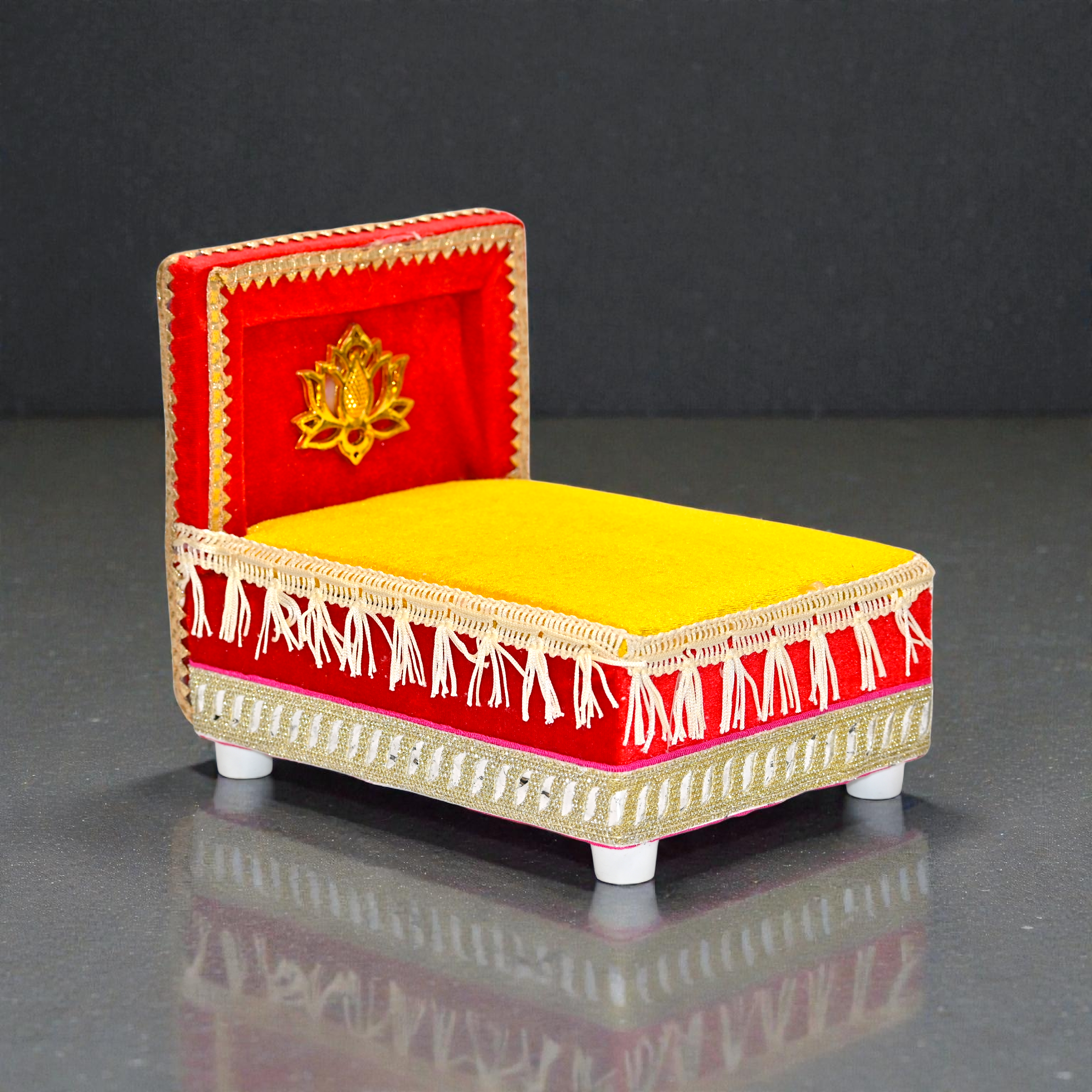 Laddu Gopal Ji Singhasan / Chowki | Velvet Cloth Pooja Aasan with Backrest |Handcrafted Gaddi Kanha ji Bed Decorative Thakur Ji Seat for Home Temple | Red & Yellow Color