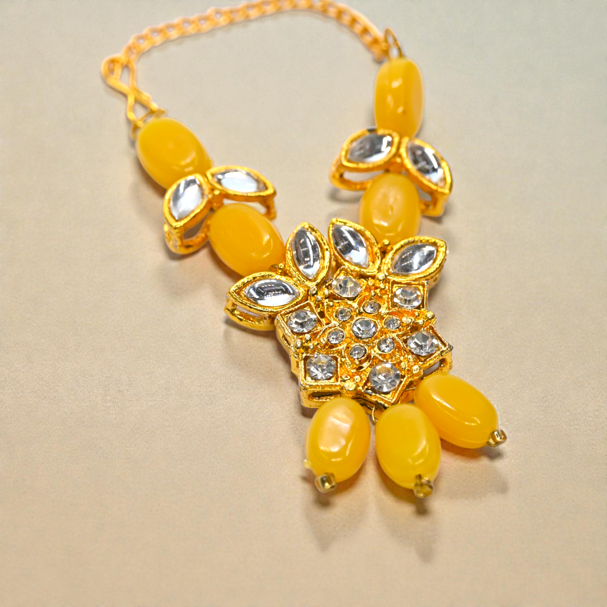 Yellow Kundan Laddu Gopal Haar | Thakur Ji Shringar Necklace with Beads | Suitable for 4, 5, 6 & 8 No Laddu Gopal Ji | Designer Deity Jewellery for Pooja & Janmashtami