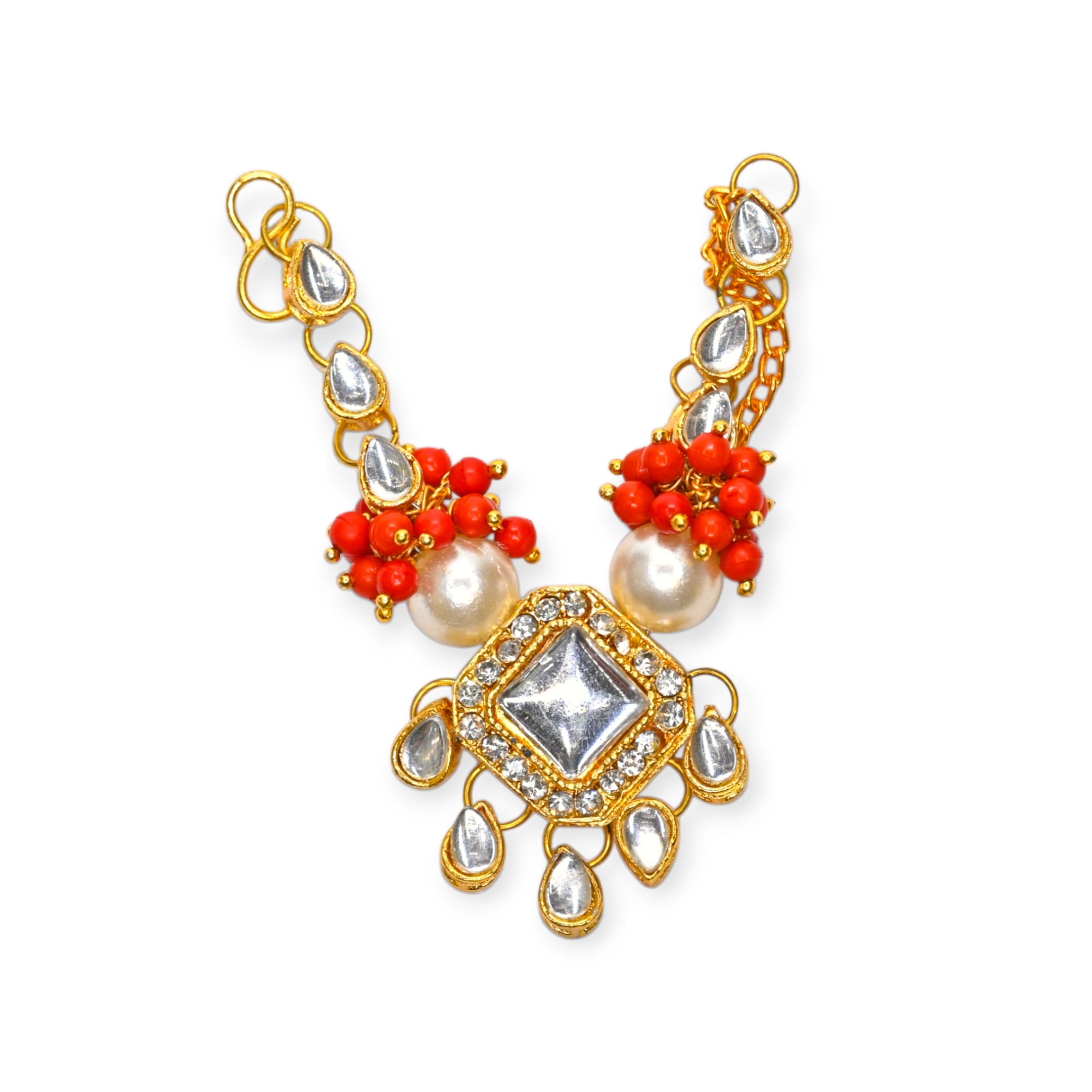 Pearl Kundan Laddu Gopal Haar with Red Beads | Thakur Ji Shringar Necklace | Suitable for 4, 5, 6 & 8 No Laddu Gopal Ji | Designer Deity Jewellery for Pooja & Janmashtami