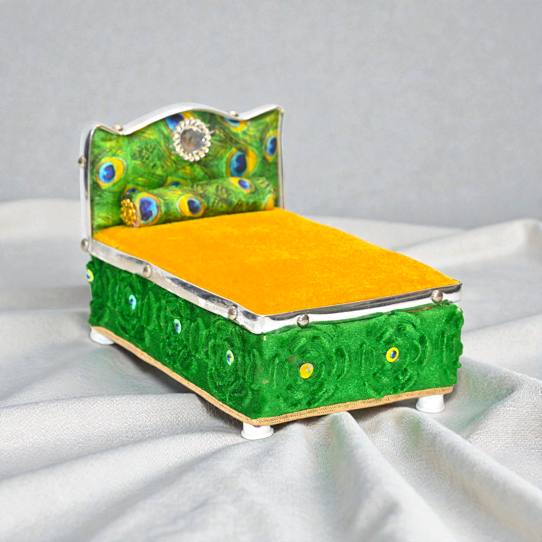 Peacock Design Laddu Gopal Bed | Thakur Ji Velvet Singhasan with Cushion | Decorative Palna for Bal Gopal Ji | Temple & Home Mandir Shringar