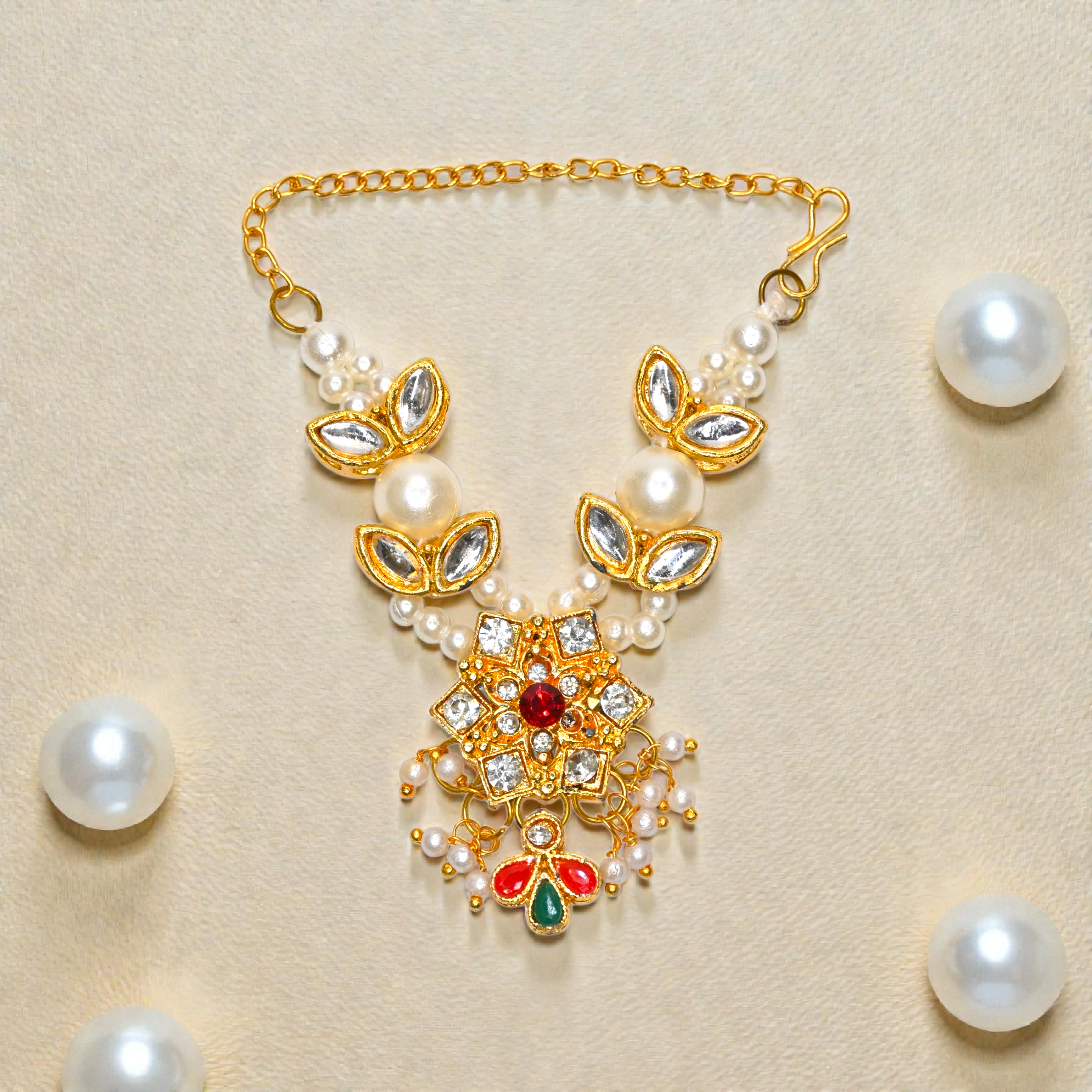Pearl Kundan Laddu Gopal Haar with Red & Green Stones | Designer Thakur Ji Shringar Necklace | Deity Jewellery for 4, 5, 6 & 8 No Laddu Gopal Ji