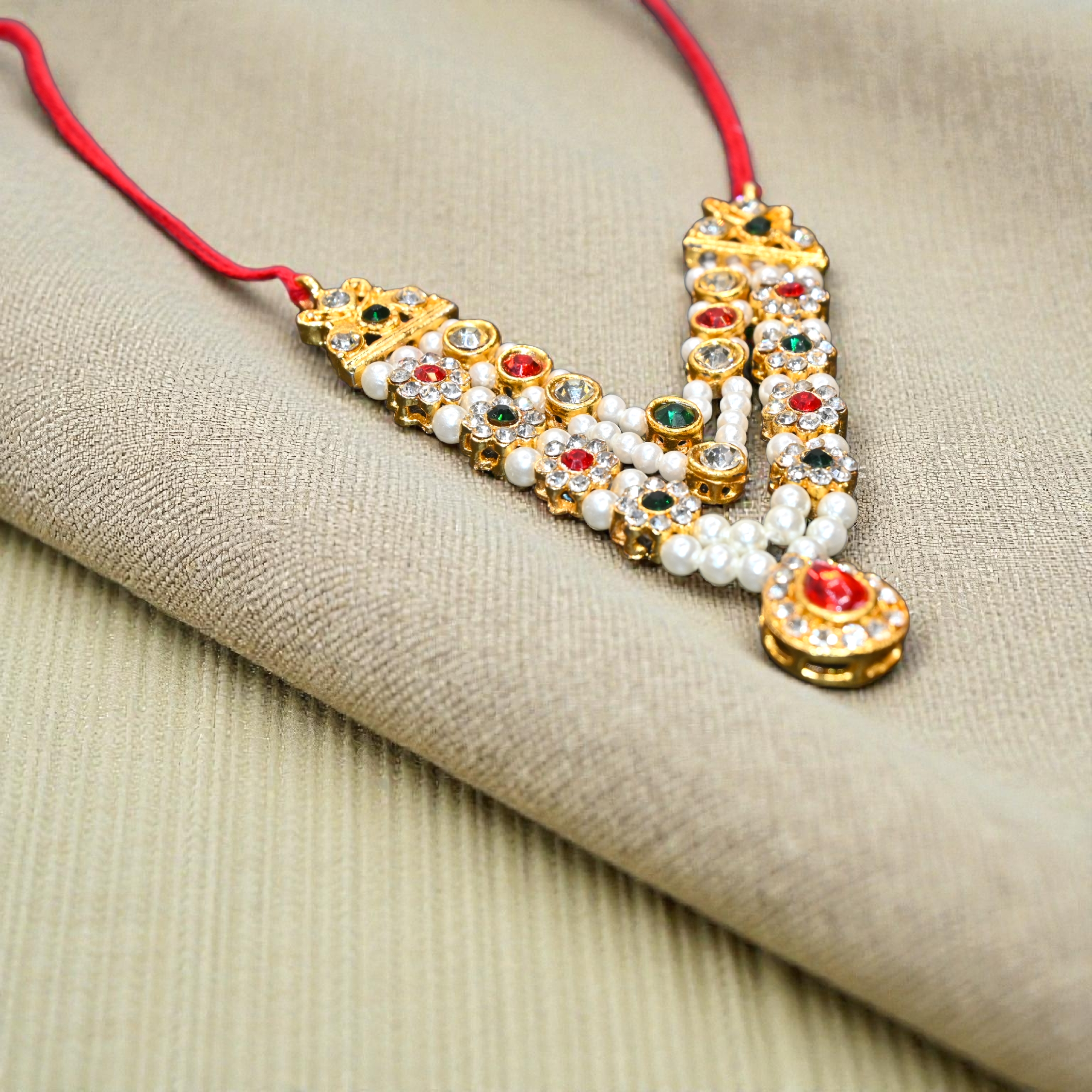 Pearl Kundan Laddu Gopal Haar with Red Drop Pendant | Multicolor Thakur Ji Shringar Necklace | Designer Deity Jewellery for 4, 5, 6 & 8 No Laddu Gopal Ji