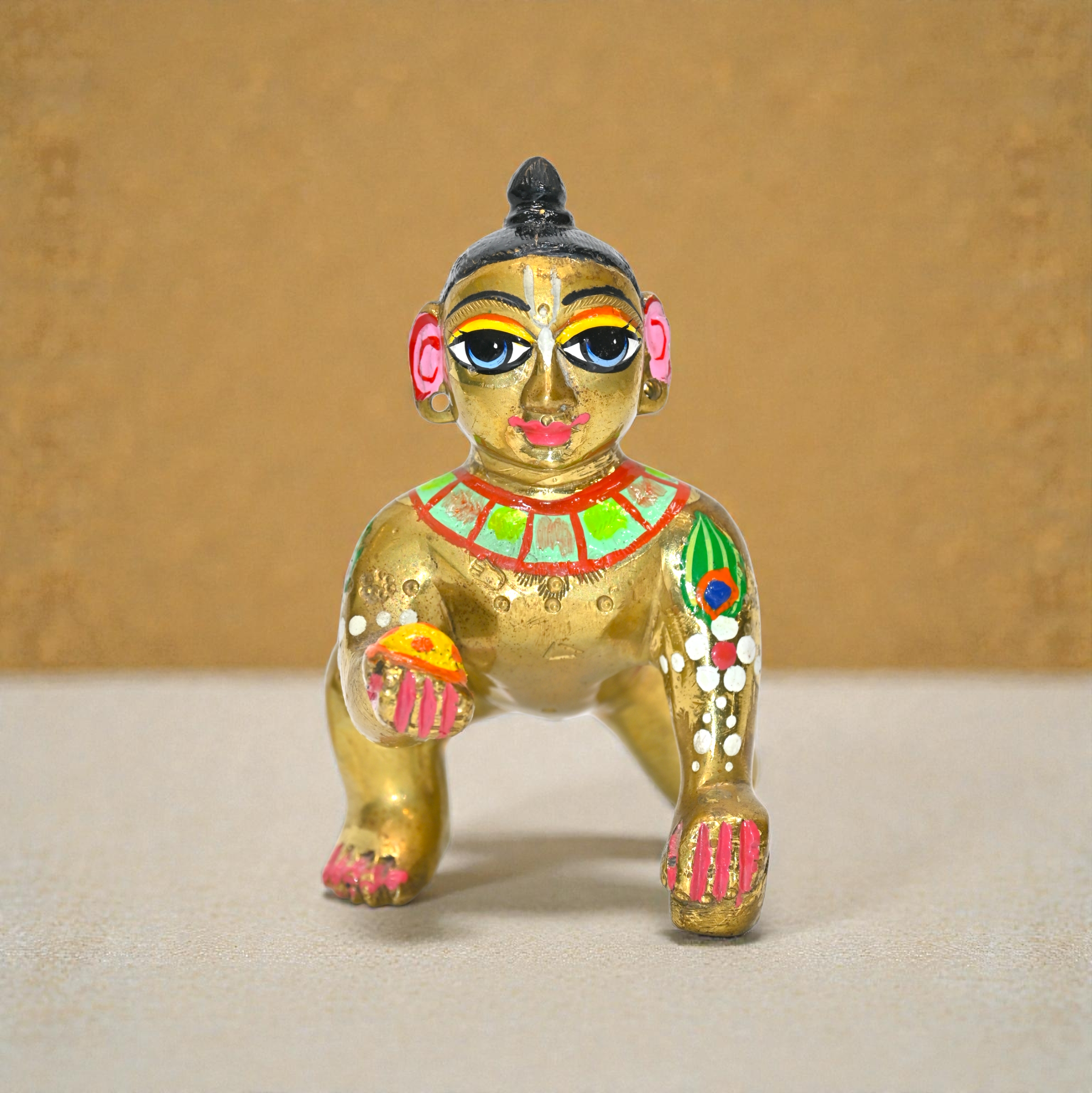  Laddu Gopal Ji Murti (Black Hair) | Golden Bal Gopal Krishna Idol with Makhan | Handcrafted Pital Thakur Ji for Home Mandir & Pooja 4 No Pure Brass