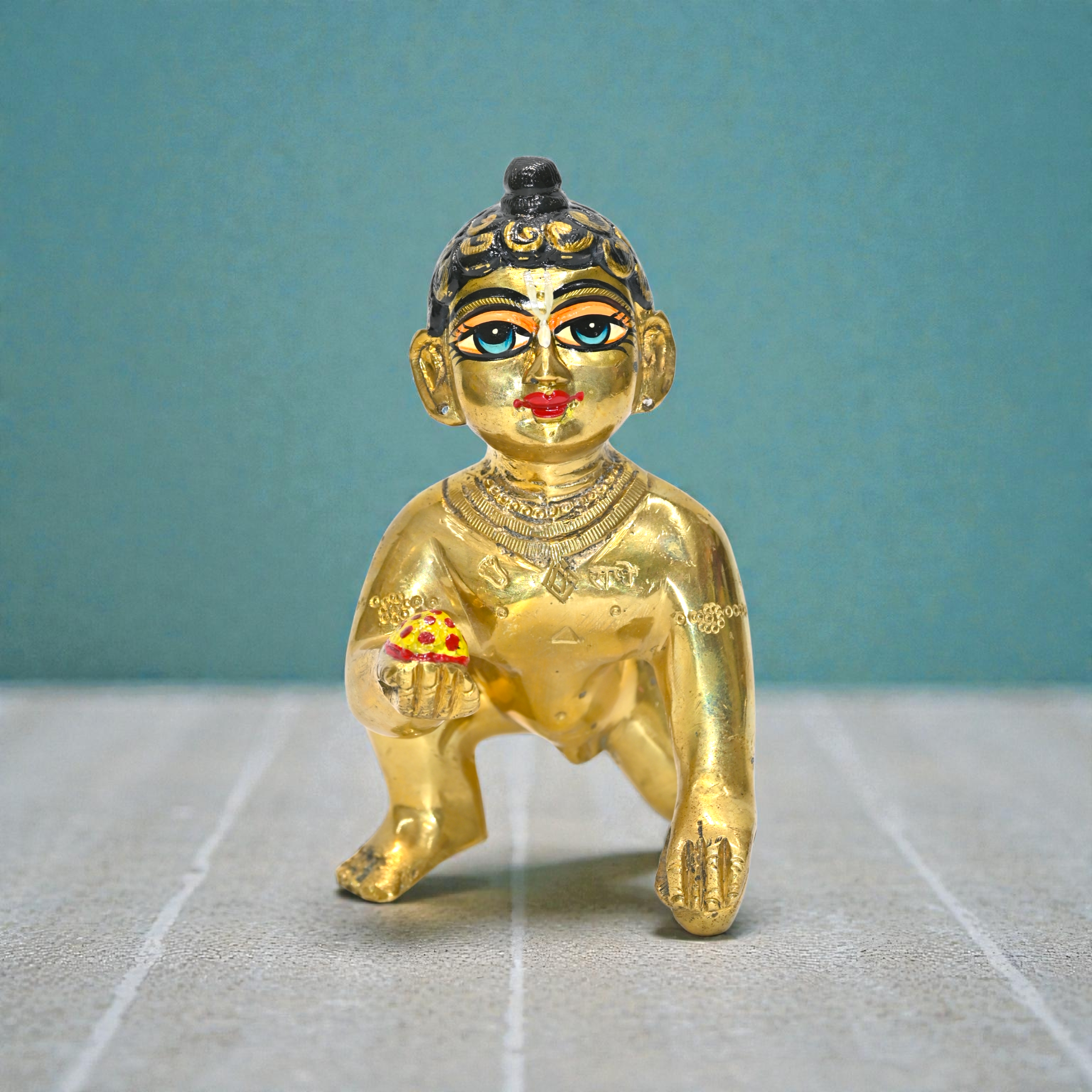 6 No Pure Brass Laddu Gopal Ji Murti | Black Hair Bal Gopal Krishna Idol with Makhan | Handcrafted Pital Thakur Ji for Home Mandir & Pooja