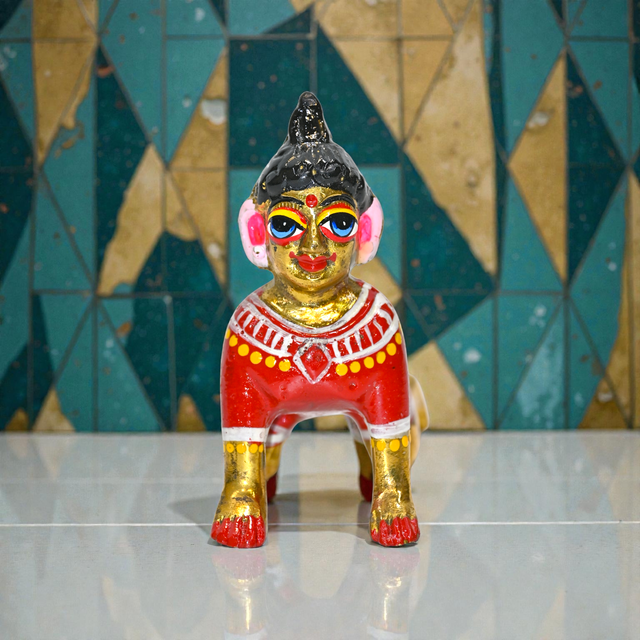 Brass Radha Ji Idol Crawling Pose | Handcrafted Brass Murti for Pooja, Mandir & Home Décor | Traditional Painted Finish