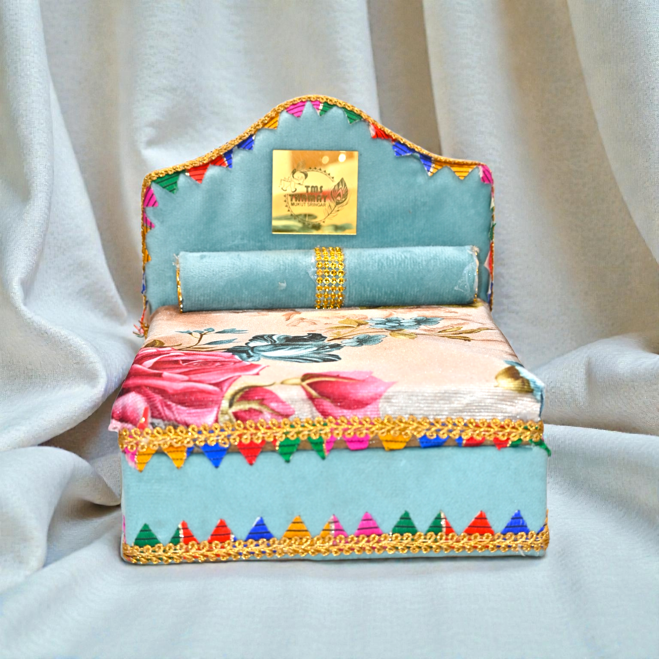 Premium Velvet Bed for Laddu Gopal Ji | Designer Singhasan with Cushion & Pillow | Pooja Mandir Decorative Chowki