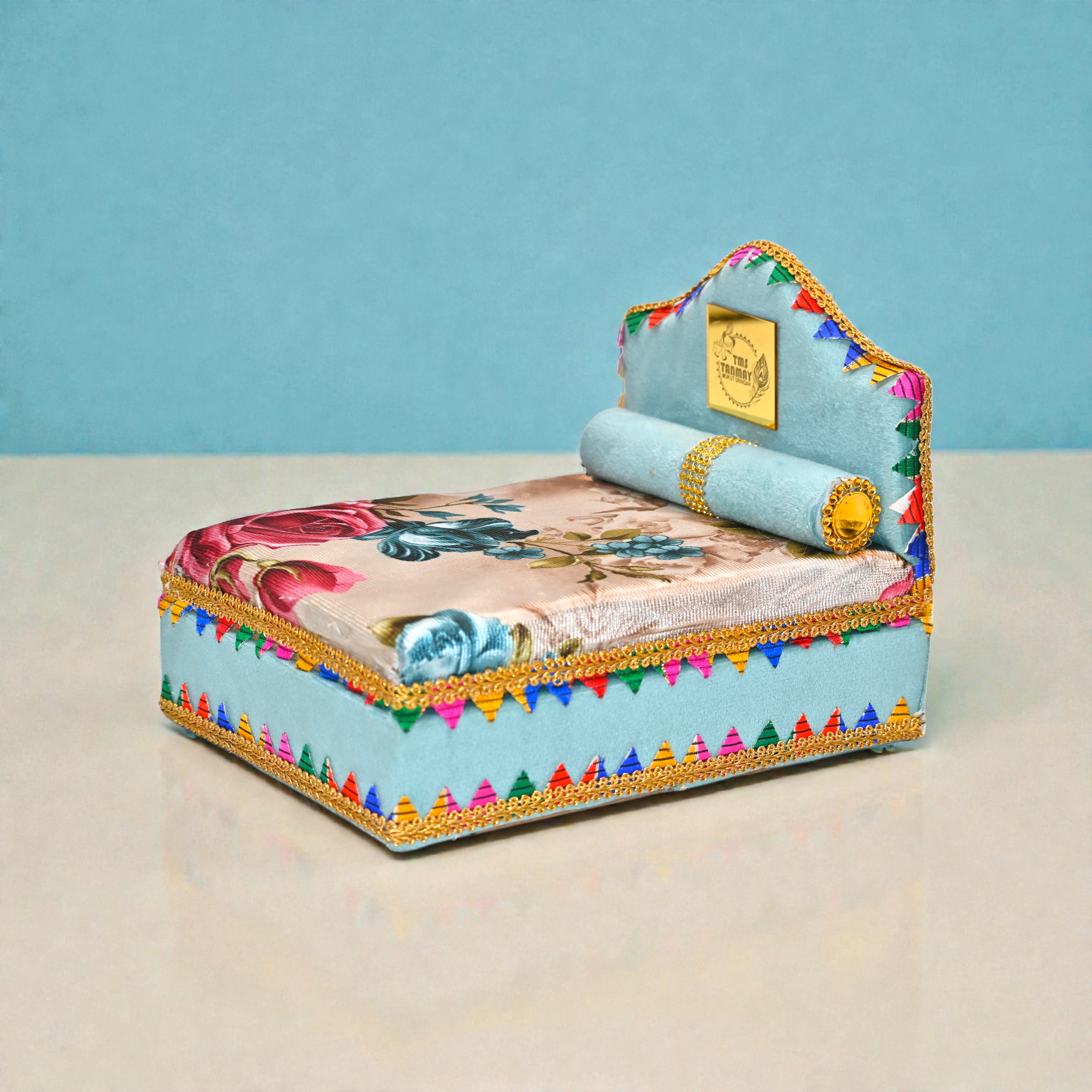 Premium Velvet Bed for Laddu Gopal Ji | Designer Singhasan with Cushion & Pillow | Pooja Mandir Decorative Chowki