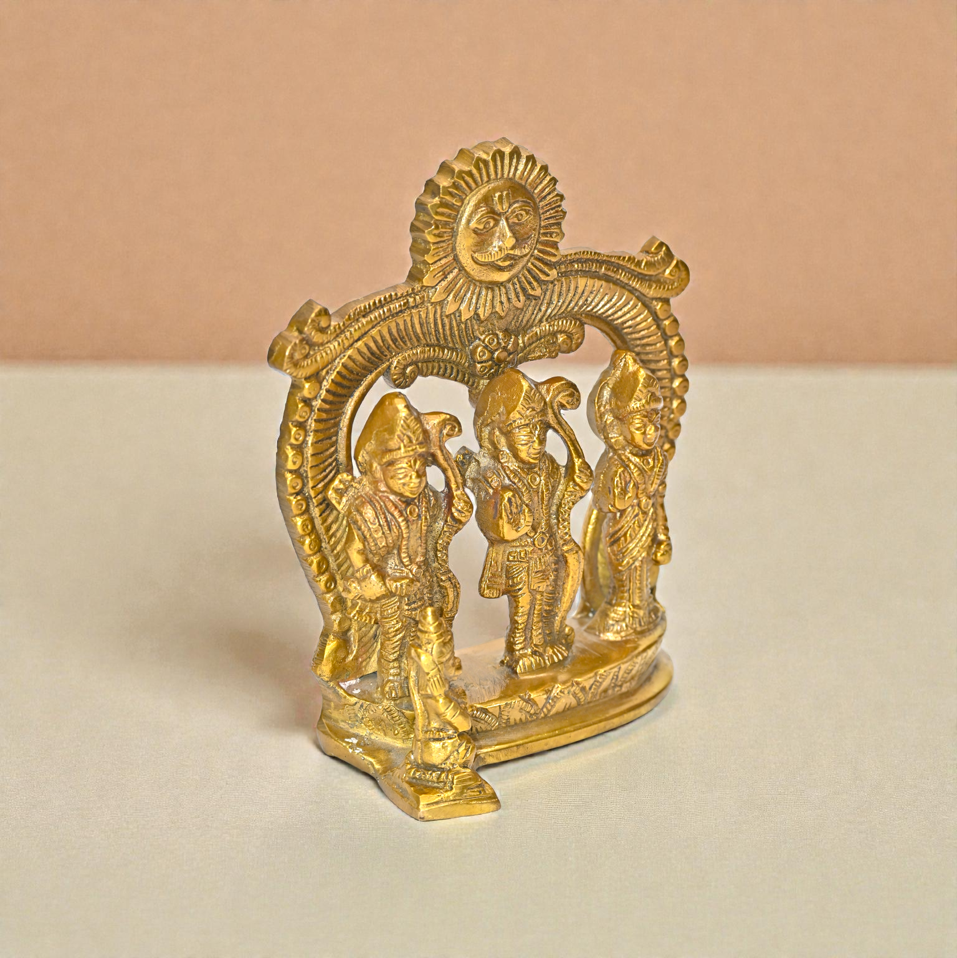 Brass Ram Darbar Idol with Ram, Sita, Lakshman & Hanuman | Handcrafted Hindu Puja Murti for Mandir & Home Décor | Traditional Golden Finish