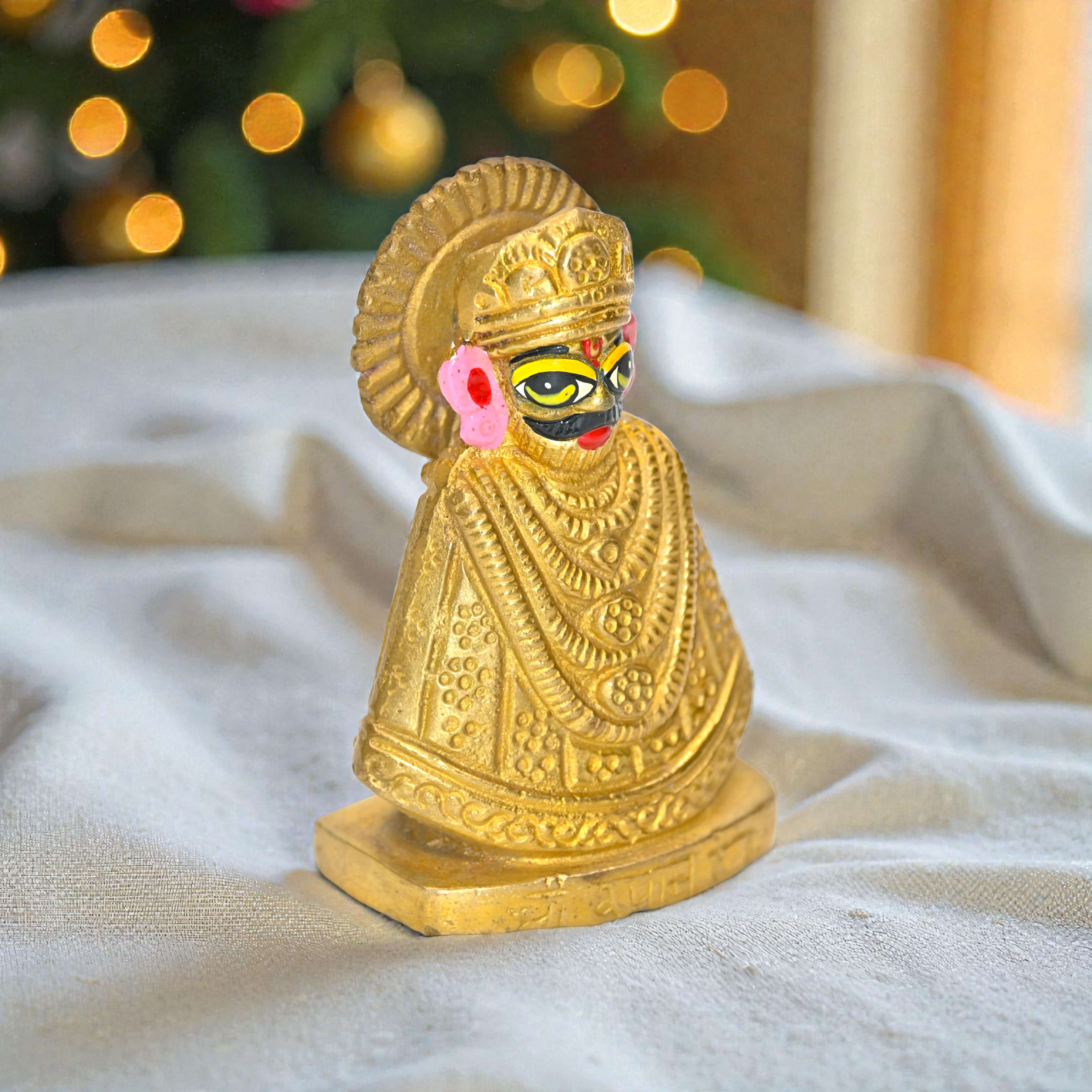 Brass Khatu Shyam Ji Idol | Handcrafted Shyam Baba Murti for Pooja, Mandir & Home Décor | Traditional Hand-Painted Golden Finish