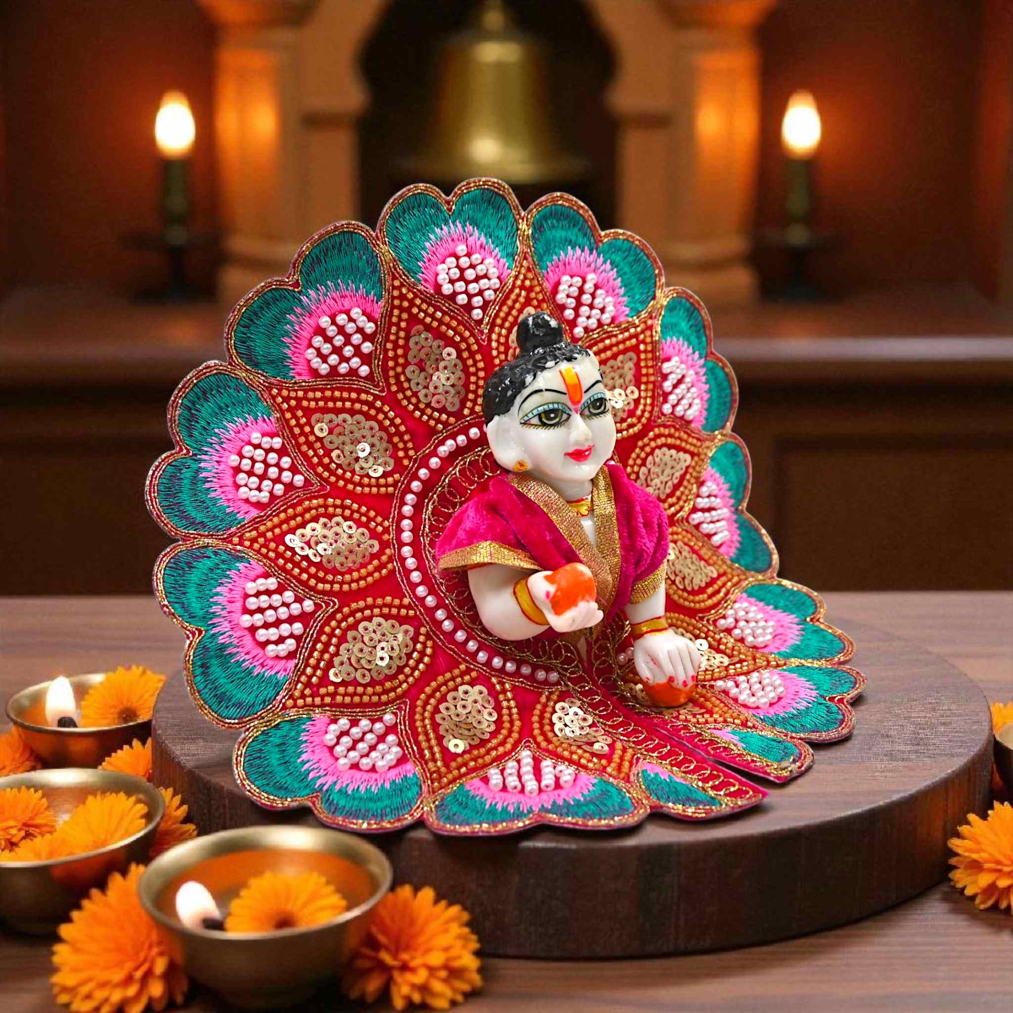 Velvet Embroidered Laddu Gopal Ji Dress | Designer Peacock Style Poshak for Krishna Ji | Bal Gopal Vastra for Janmashtami & Daily Pooja | 6 Colors (Size 0–6) (Pink)