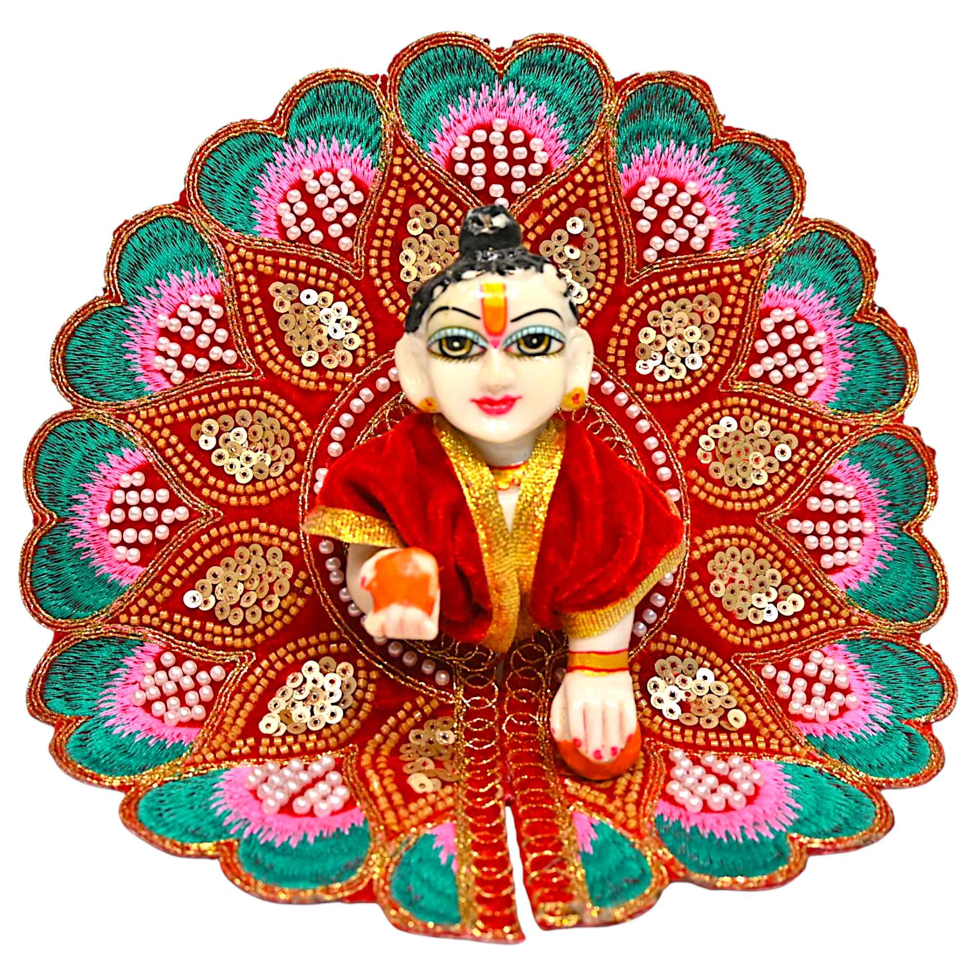 Velvet Embroidered Laddu Gopal Ji Dress | Designer Peacock Style Poshak for Krishna Ji | Bal Gopal Vastra for Janmashtami & Daily Pooja | 6 Colors (Size 0–6) (Maroon Red)