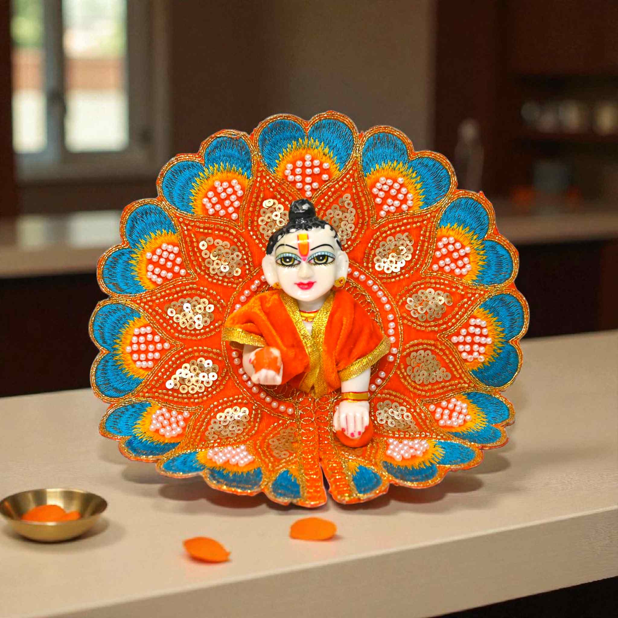 Velvet Embroidered Laddu Gopal Ji Dress | Designer Peacock Style Poshak for Krishna Ji | Bal Gopal Vastra for Janmashtami & Daily Pooja | 6 Colors (Size 0–6) (Orange)