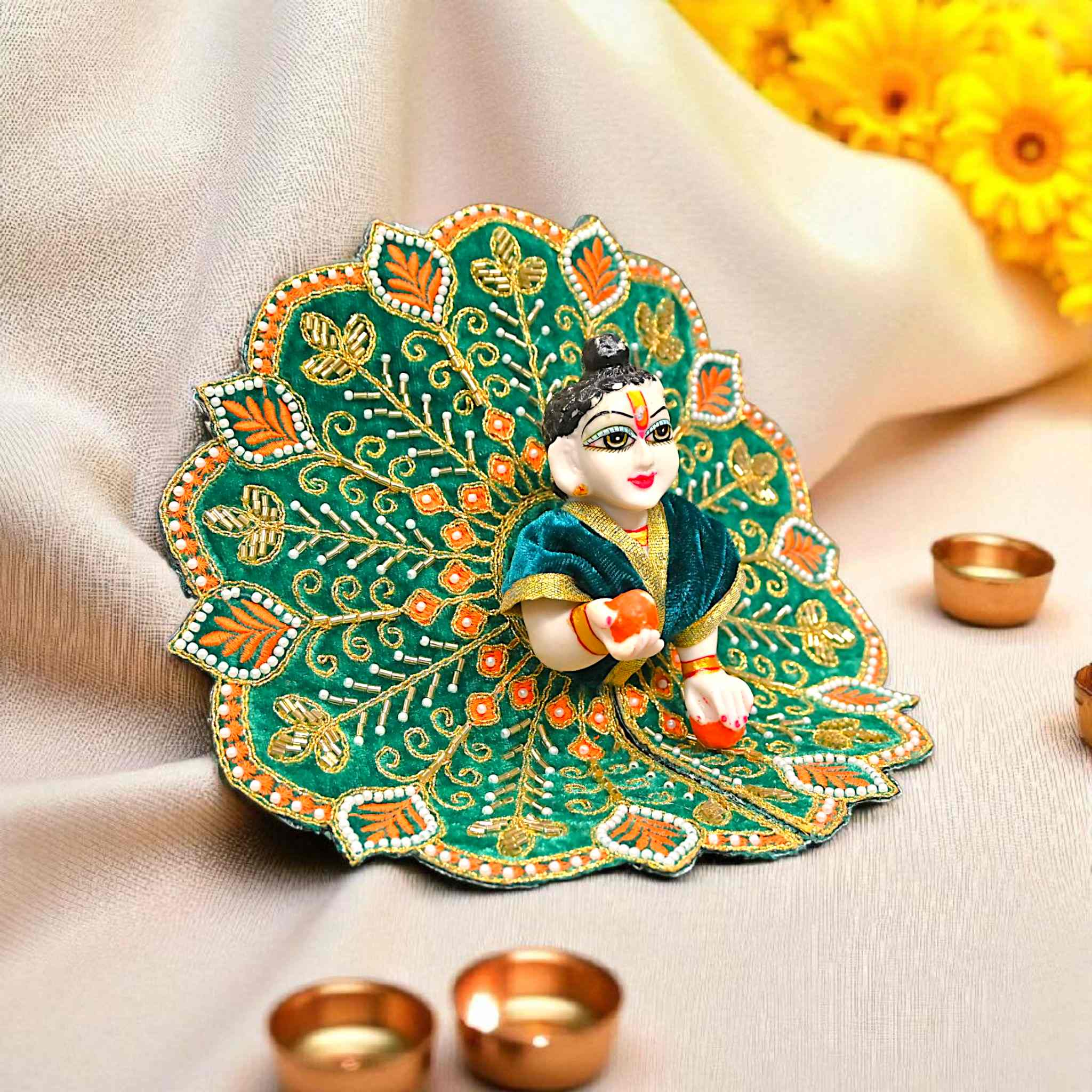 Velvet Laddu Gopal Ji Dress (Size 0–6) | Handmade Embroidered Poshak for Bal Gopal Ji | Krishna Ji Vastra for Janmashtami, Diwali & Daily Pooja (Green)