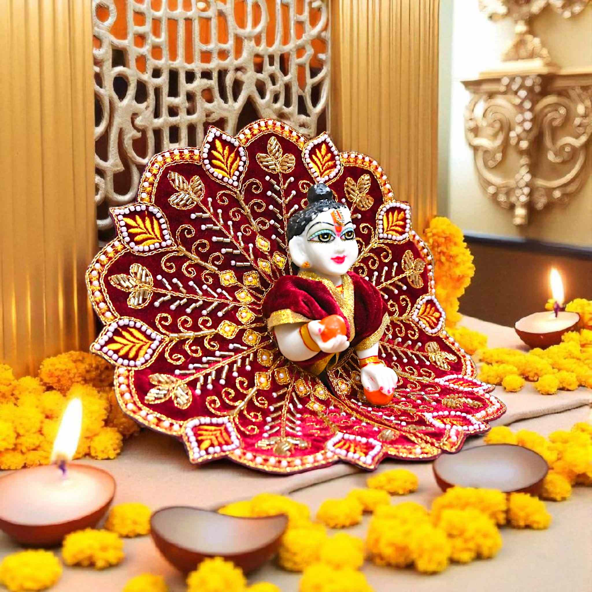 Velvet Laddu Gopal Ji Dress (Size 0–6) | Handmade Embroidered Poshak for Bal Gopal Ji | Krishna Ji Vastra for Janmashtami, Diwali & Daily Pooja (Maroon)