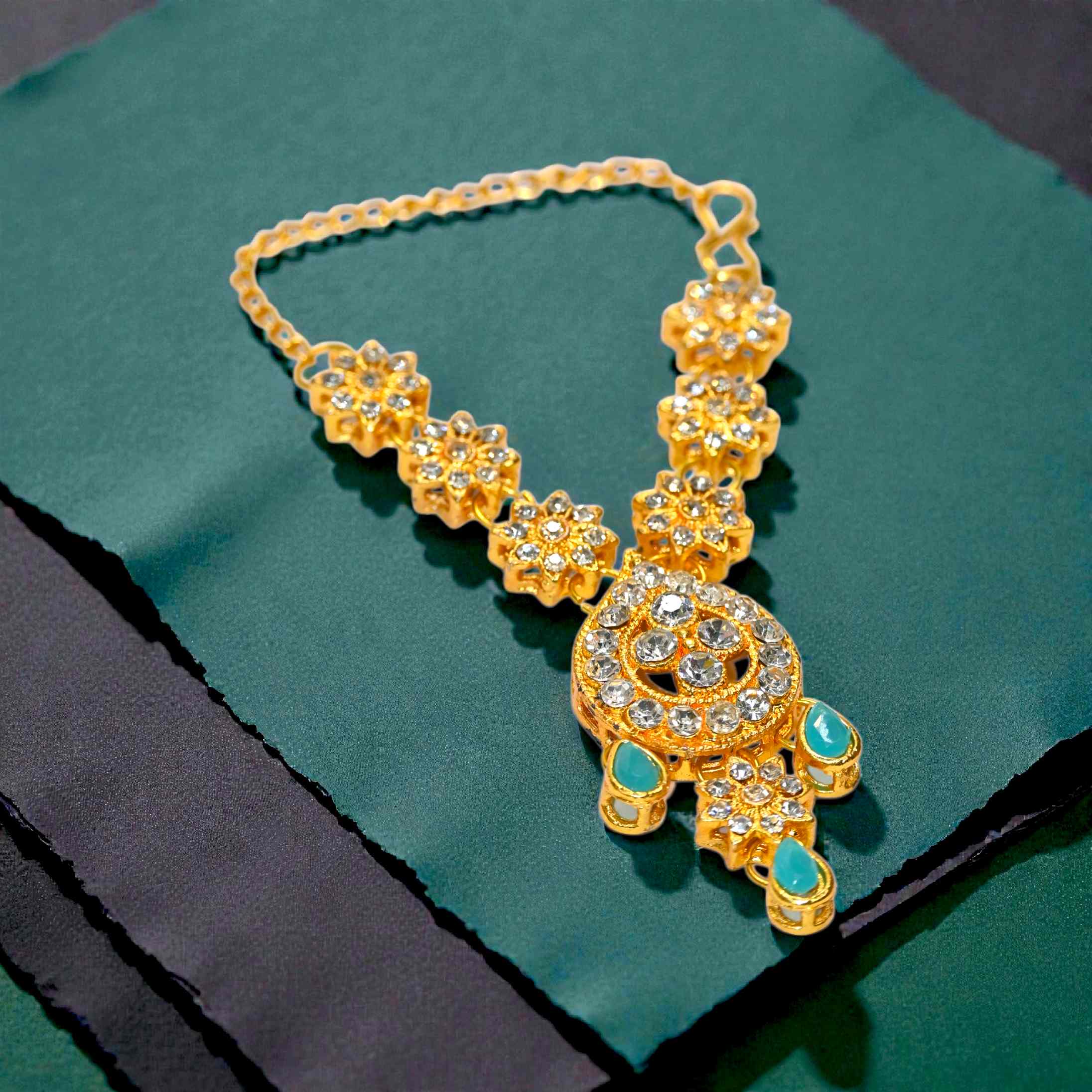 Floral Kundan Laddu Gopal Haar with Green Drops | Thakur Ji Shringar Necklace | Suitable for 4, 5, 6 & 8 No Laddu Gopal Ji | Designer Deity Jewellery for Pooja & Janmashtami