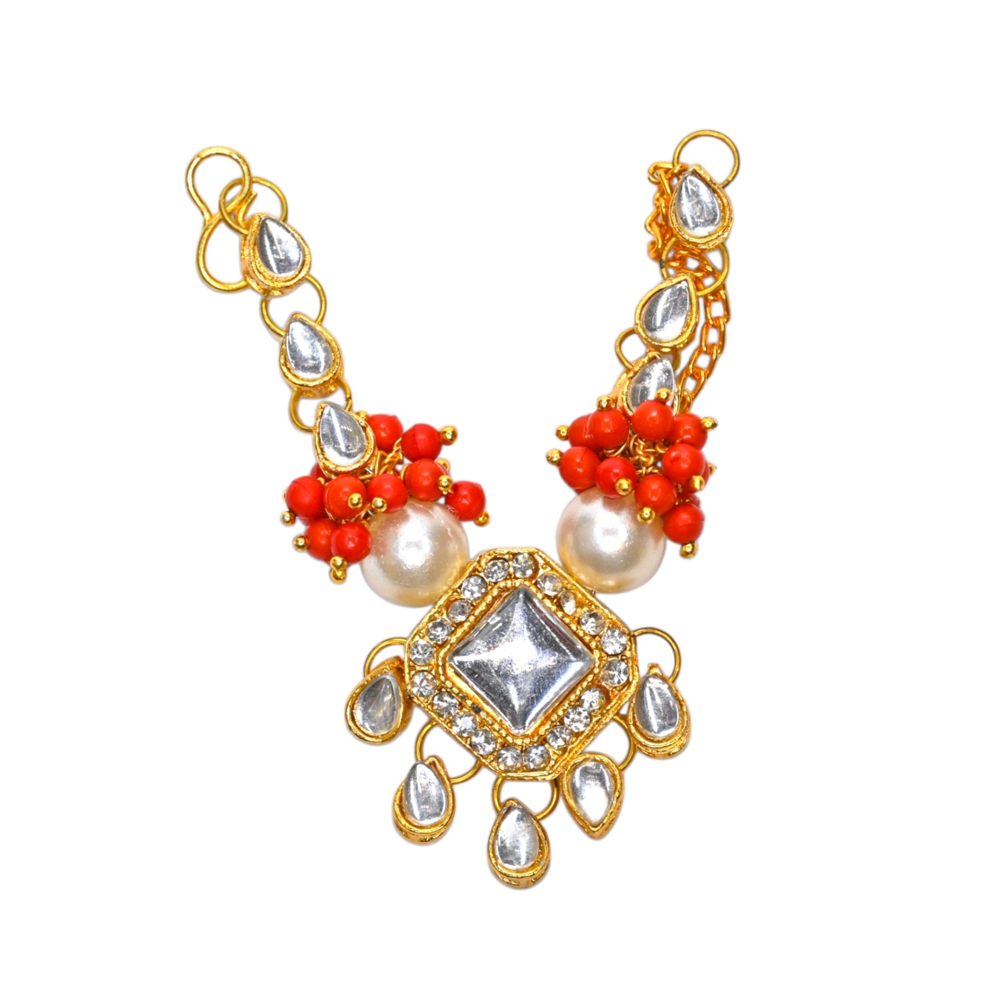 Pearl Kundan Laddu Gopal Haar with Red Beads | Thakur Ji Shringar Necklace | Suitable for 4, 5, 6 & 8 No Laddu Gopal Ji | Designer Deity Jewellery for Pooja & Janmashtami