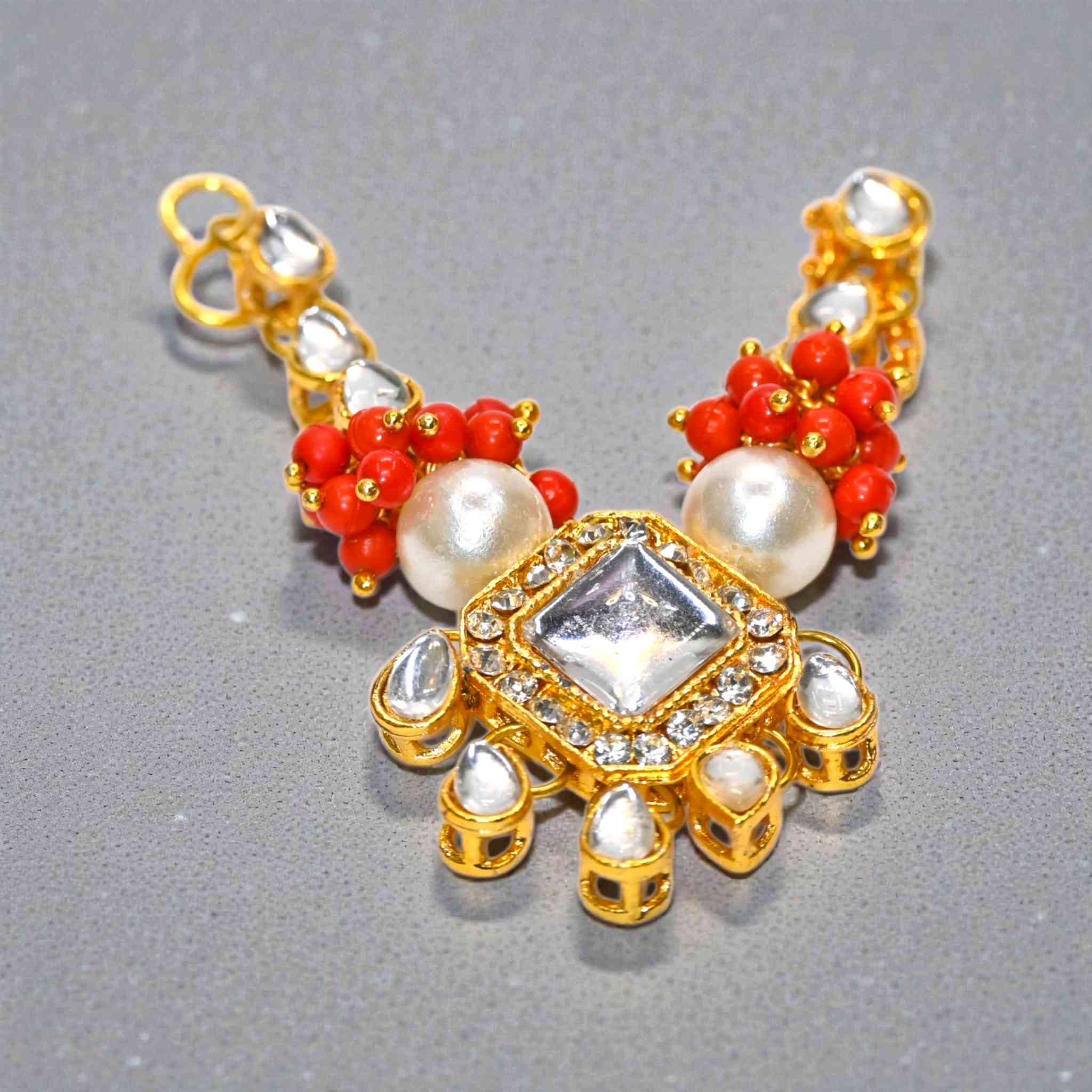 Pearl Kundan Laddu Gopal Haar with Red Beads | Thakur Ji Shringar Necklace | Suitable for 4, 5, 6 & 8 No Laddu Gopal Ji | Designer Deity Jewellery for Pooja & Janmashtami