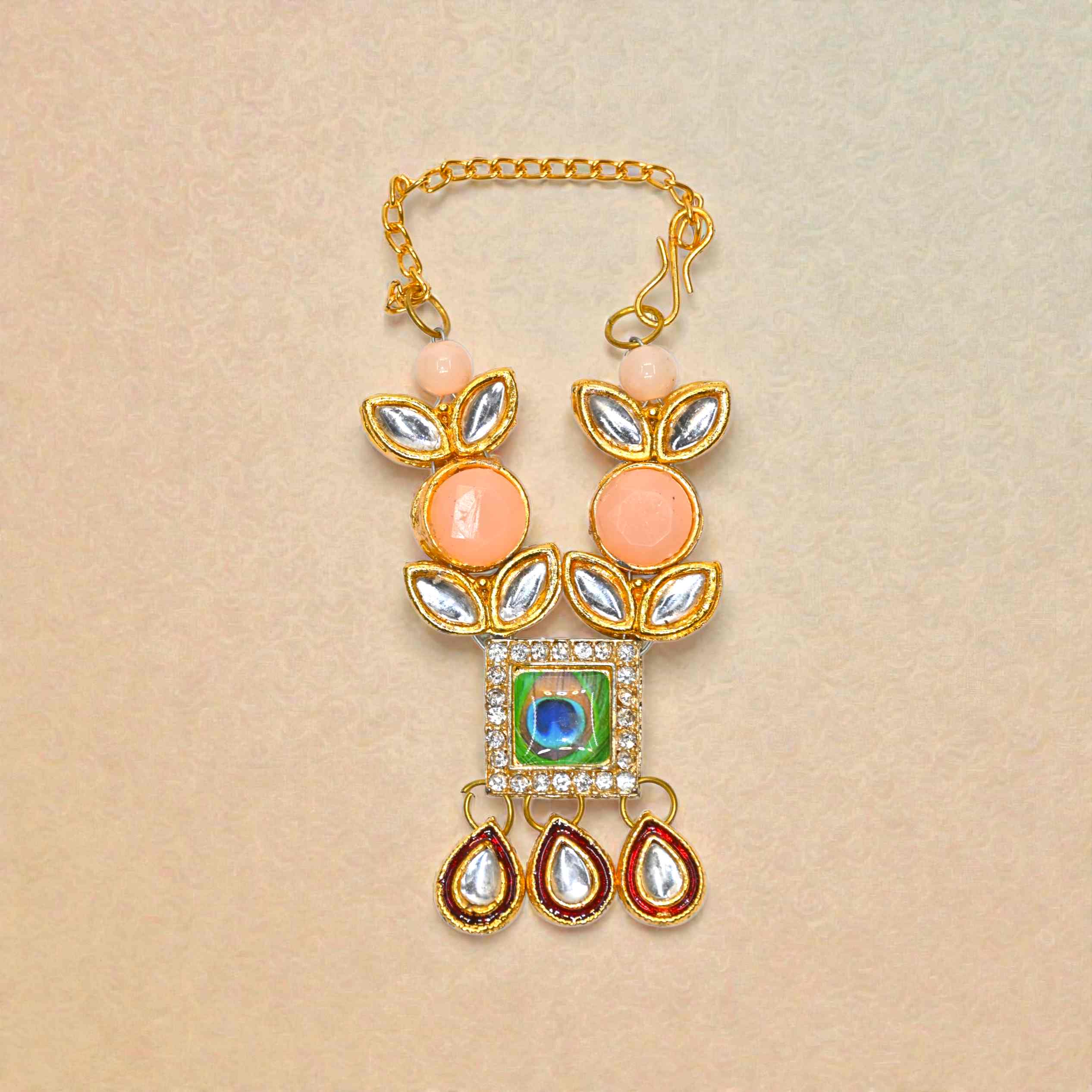 Peach Beads Mor Pankh Kundan Laddu Gopal Haar | Peacock Feather Thakur Ji Shringar Necklace | Suitable for 4, 5, 6 & 8 No Laddu Gopal Ji | Janmashtami Special Deity Jewellery