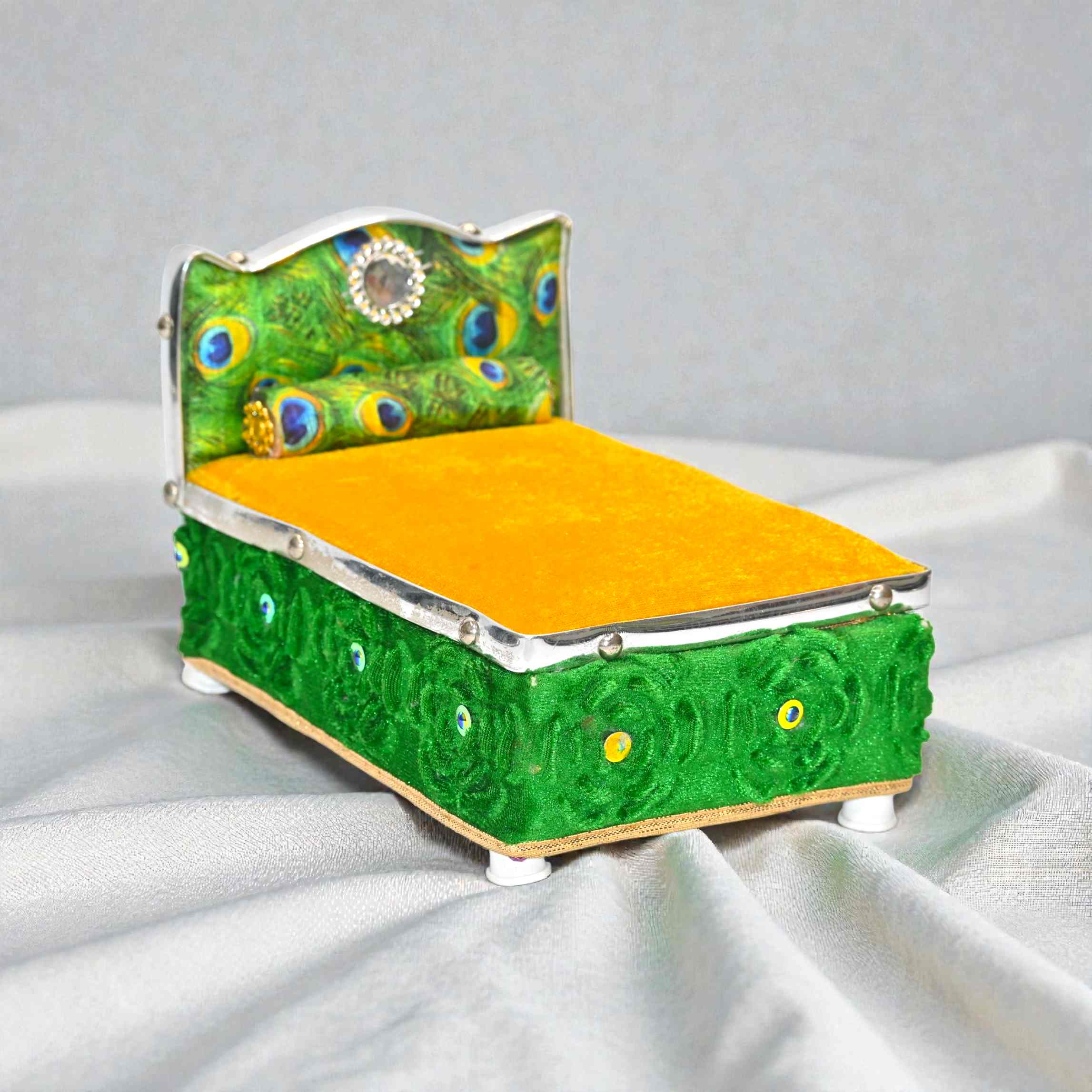 Peacock Design Laddu Gopal Bed | Thakur Ji Velvet Singhasan with Cushion | Decorative Palna for Bal Gopal Ji | Temple & Home Mandir Shringar