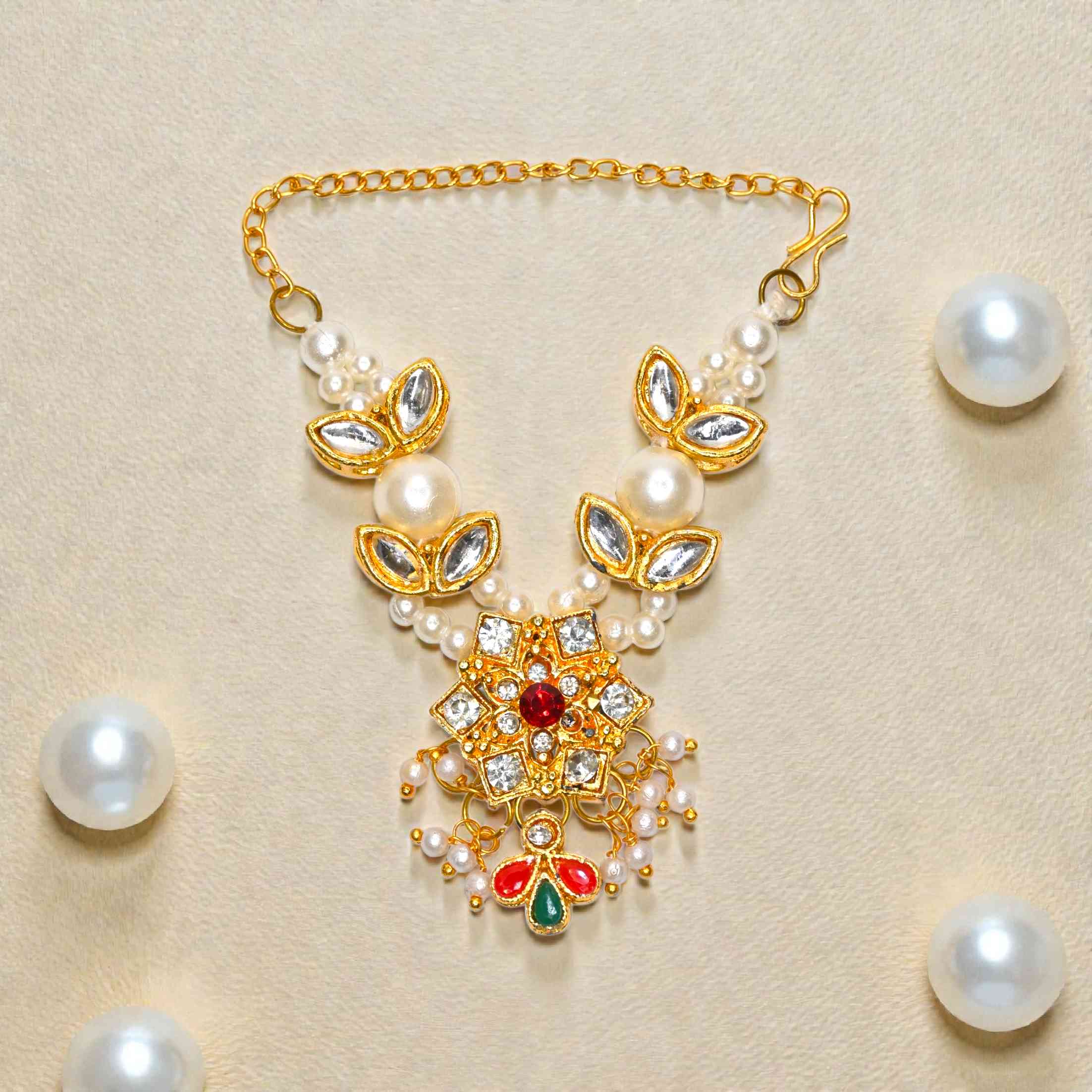 Pearl Kundan Laddu Gopal Haar with Red & Green Stones | Designer Thakur Ji Shringar Necklace | Deity Jewellery for 4, 5, 6 & 8 No Laddu Gopal Ji
