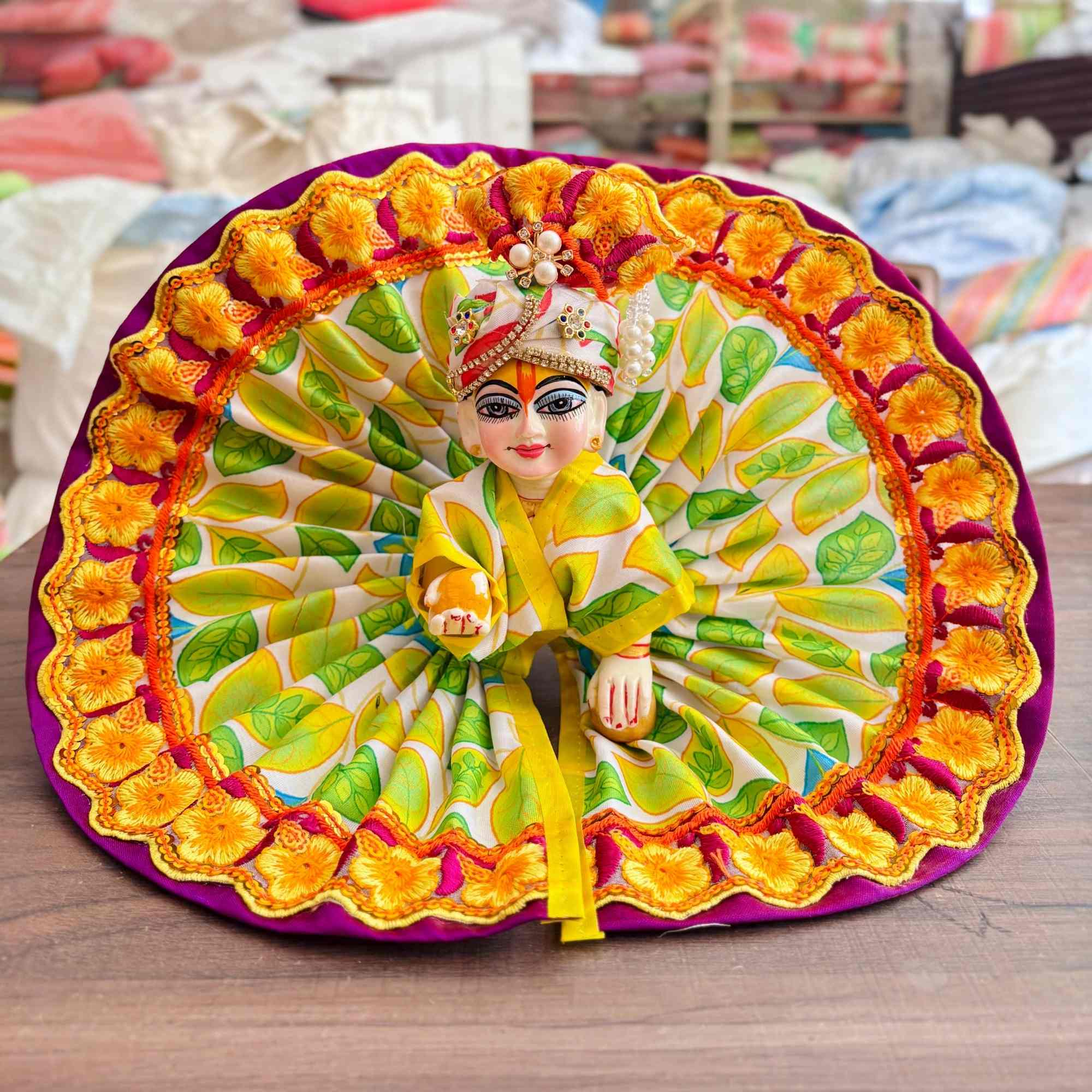 Kashyap G Poshak Wale Laddu Gopal Dress with Mukut | Designer Heavy Floral Poshak for Krishna Ji | Fancy Kanha Ji Dress for Janmashtami Diwali & Pooja | Cotton Festival Wear Size 0 to 6