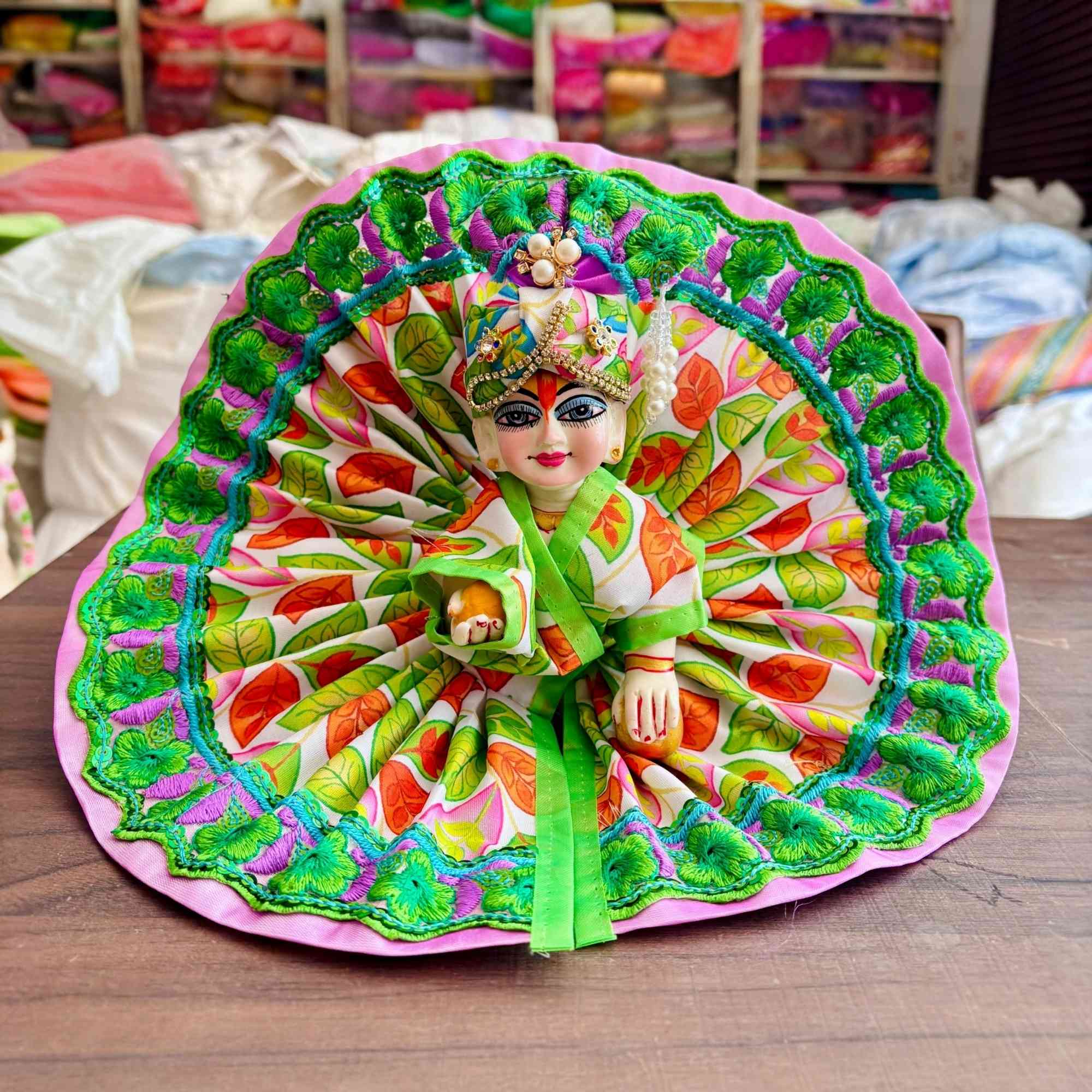 Kashyap G Poshak Wale Laddu Gopal Dress with Mukut | Designer Heavy Floral Poshak for Krishna Ji | Fancy Kanha Ji Dress for Janmashtami Diwali & Pooja | Cotton Festival Wear Size 0 to 6
