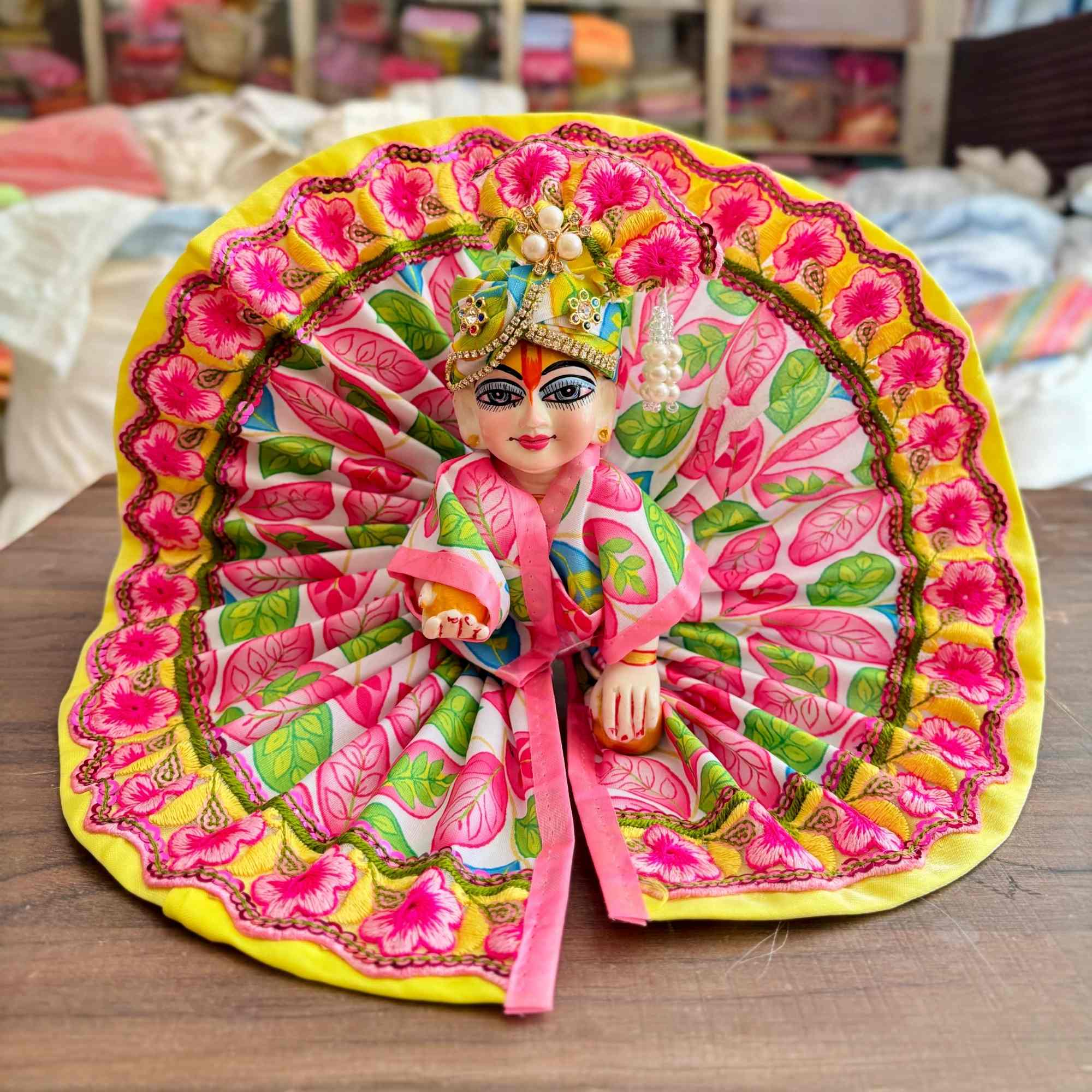 Kashyap G Poshak Wale Laddu Gopal Dress with Mukut | Designer Heavy Floral Poshak for Krishna Ji | Fancy Kanha Ji Dress for Janmashtami Diwali & Pooja | Cotton Festival Wear Size 0 to 6