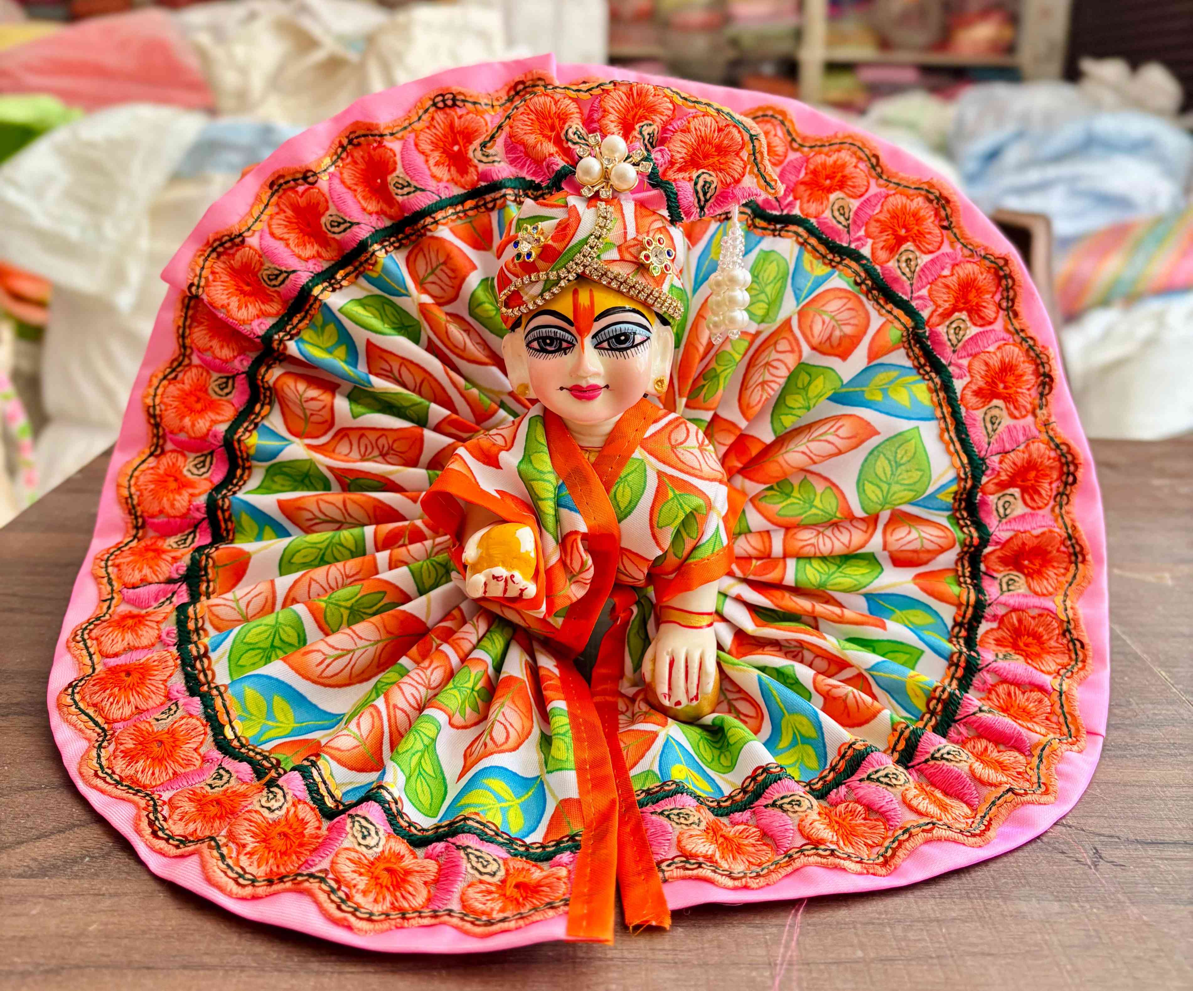 Kashyap G Poshak Wale Laddu Gopal Dress with Mukut | Designer Heavy Floral Poshak for Krishna Ji | Fancy Kanha Ji Dress for Janmashtami Diwali & Pooja | Cotton Festival Wear Size 0 to 6