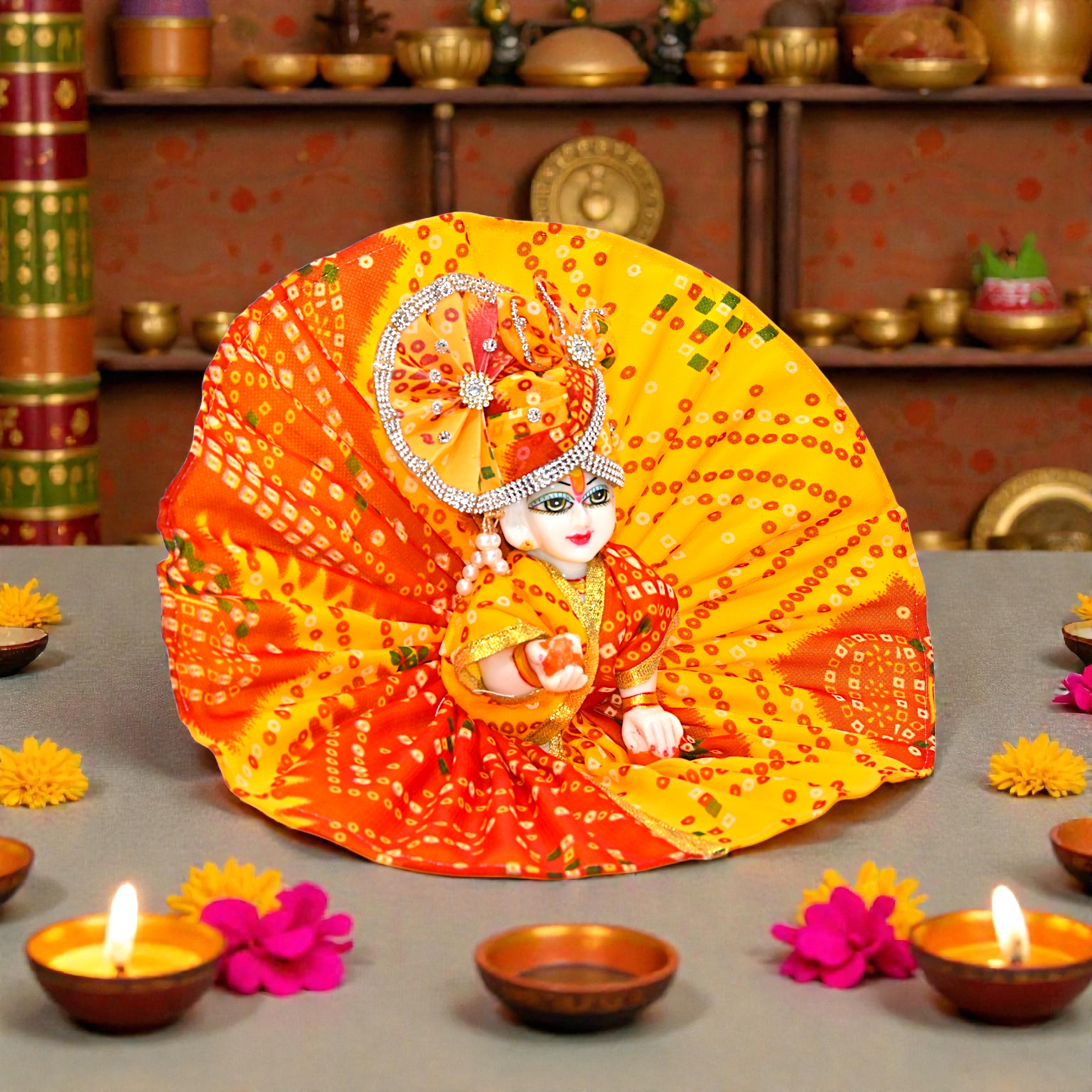 Laddu Gopal Dress with Mukut | Bandhani Style Cotton Poshak for Kanha Ji | Holi Special | Summer Special Dress for Laddu Gopal (Size 0 to 6)