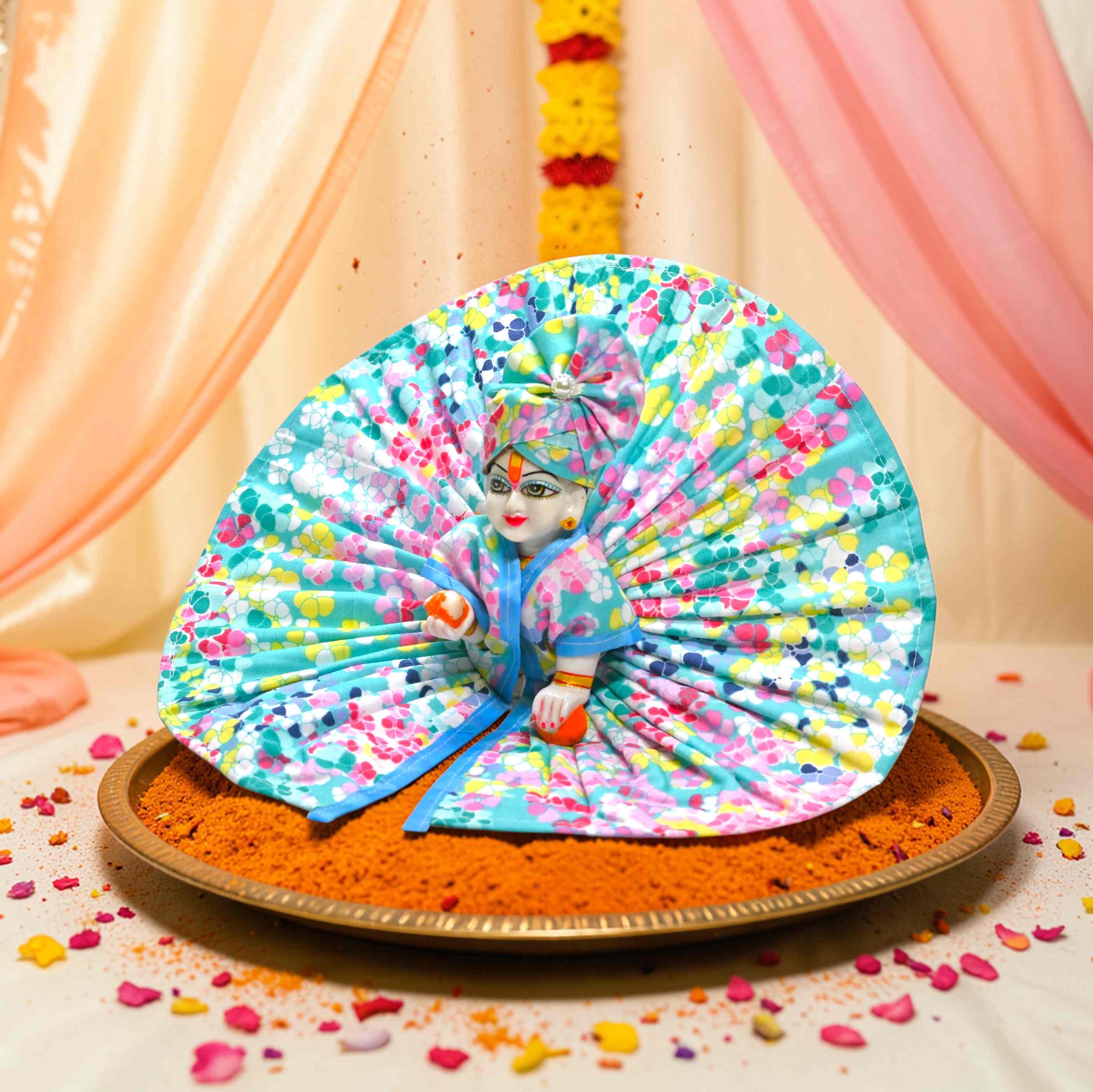 Kashyap G Poshak® Holi Special Laddu Gopal Dress with Mukut | Floral Multicolor Cotton Poshak for Kanha Ji | Phool Print Ladoo Gopal Festival Wear | Size 0 to 6