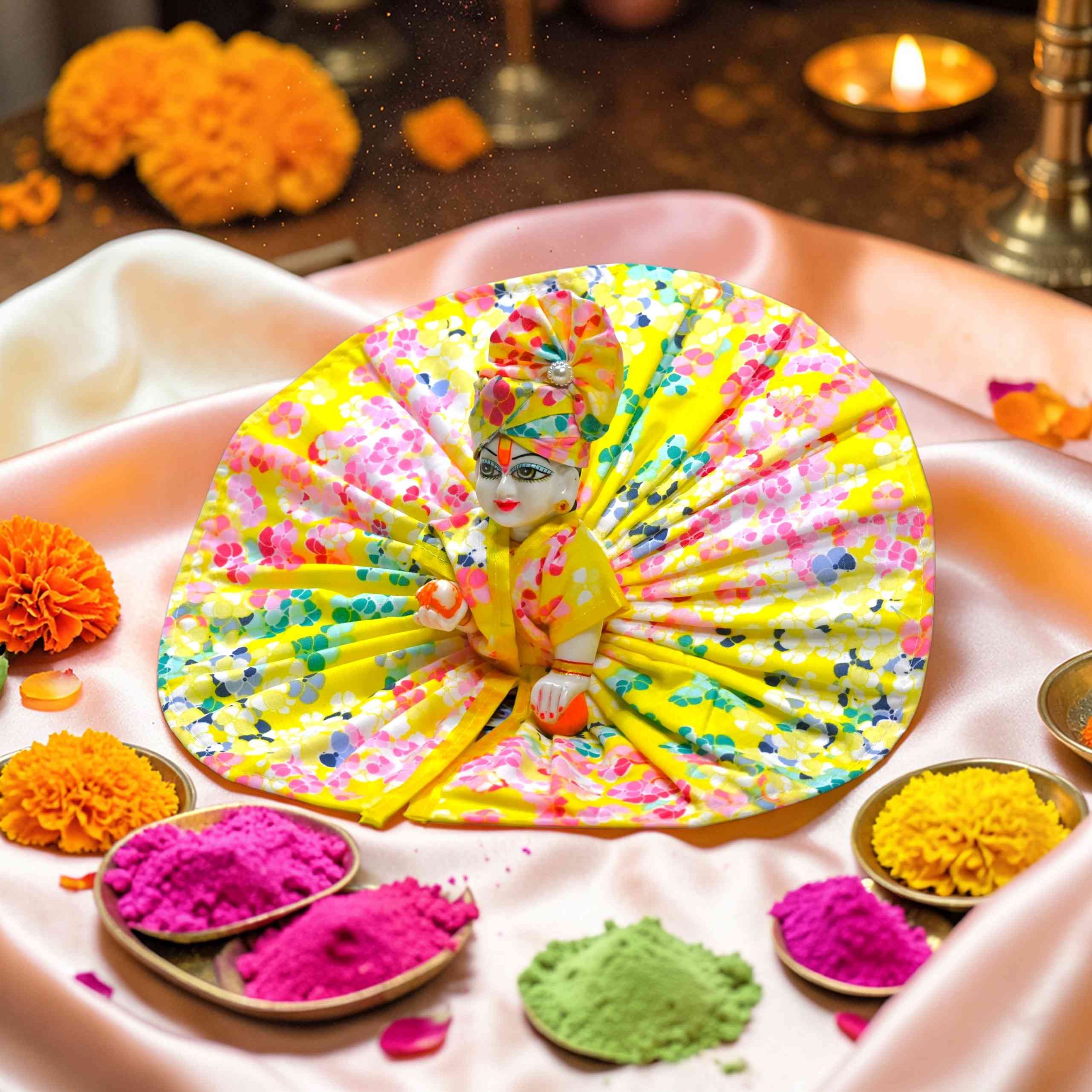 Kashyap G Poshak® Holi Special Laddu Gopal Dress with Mukut | Floral Multicolor Cotton Poshak for Kanha Ji | Phool Print Ladoo Gopal Festival Wear | Size 0 to 6