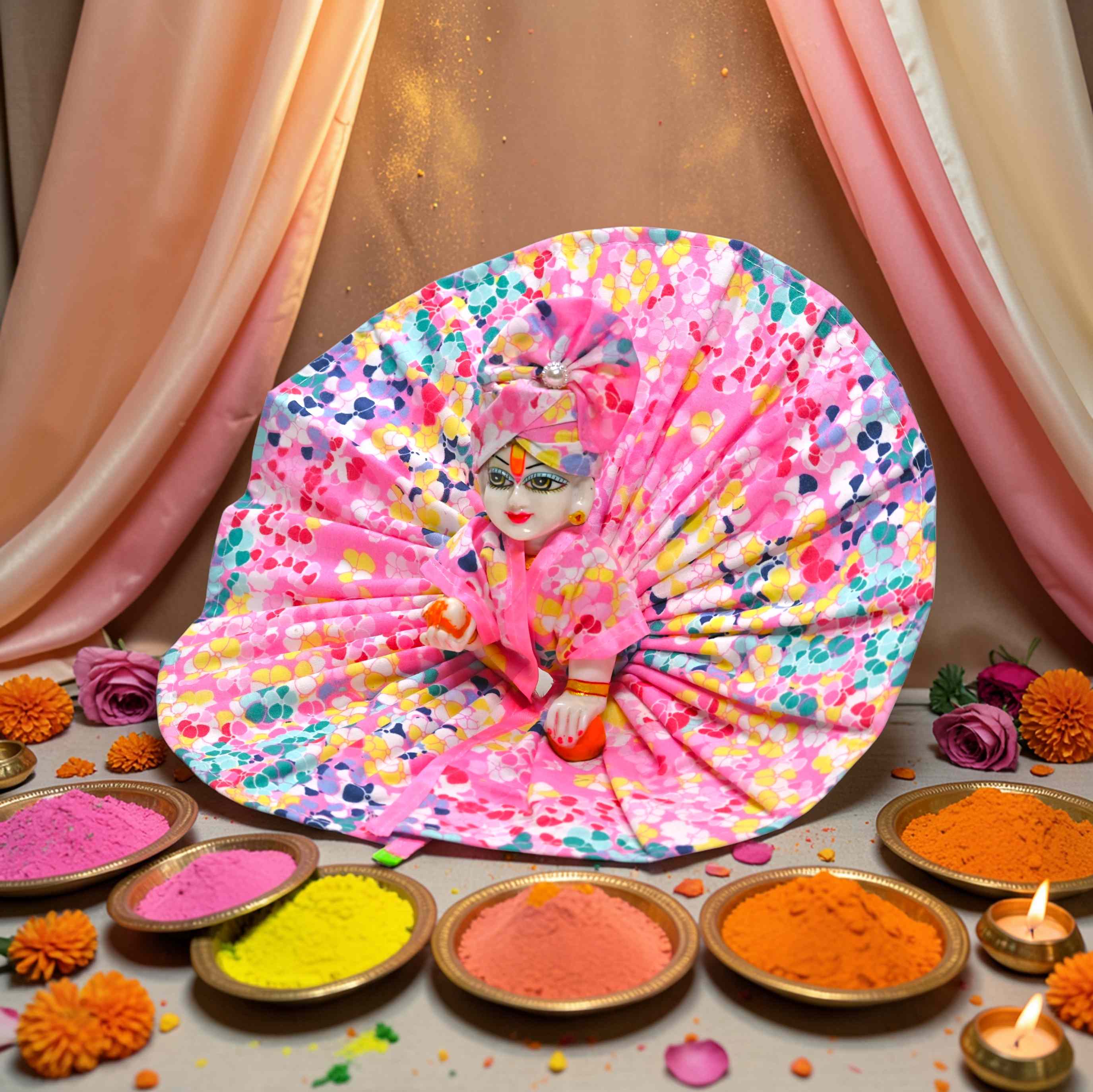Kashyap G Poshak® Holi Special Laddu Gopal Dress with Mukut | Floral Multicolor Cotton Poshak for Kanha Ji | Phool Print Ladoo Gopal Festival Wear | Size 0 to 6