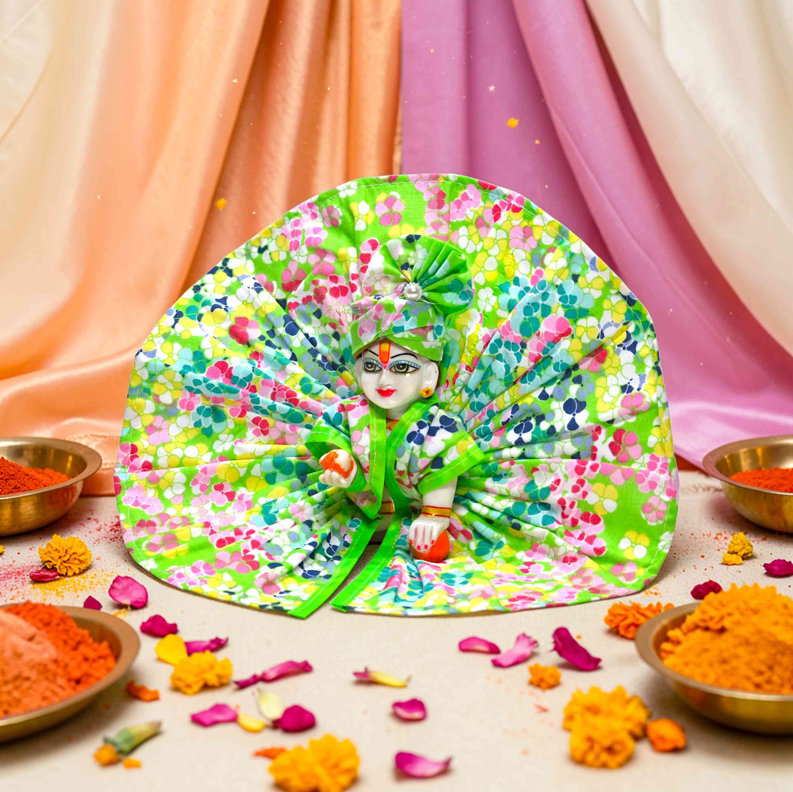 Kashyap G Poshak® Holi Special Laddu Gopal Dress with Mukut | Floral Multicolor Cotton Poshak for Kanha Ji | Phool Print Ladoo Gopal Festival Wear | Size 0 to 6