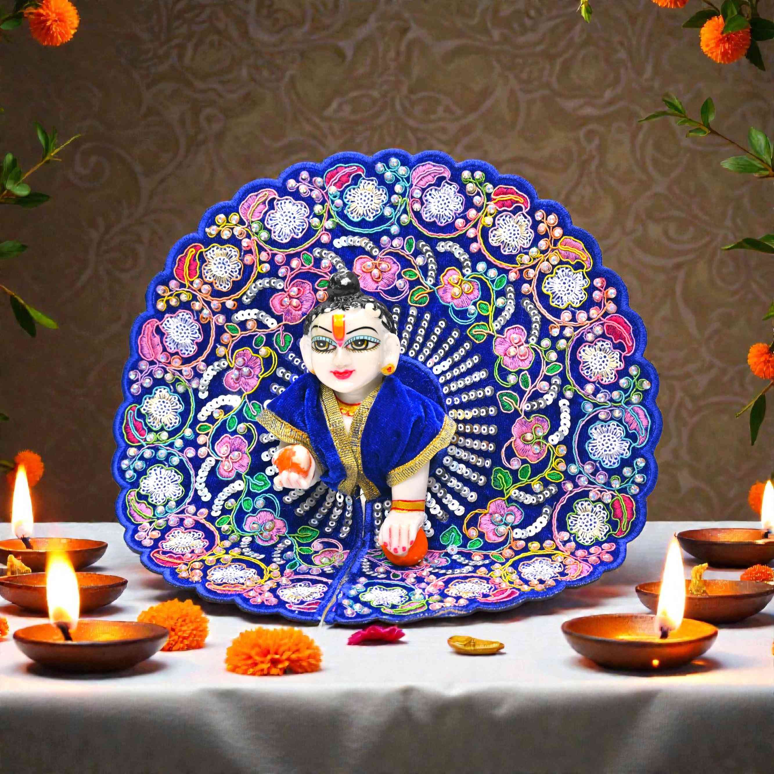Kashyap G Poshak® Laddu Gopal Poshak | Velvet Blue Floral Embroidered Winter Dress for Kanha Ji | Soft Velvet Deity Dress
