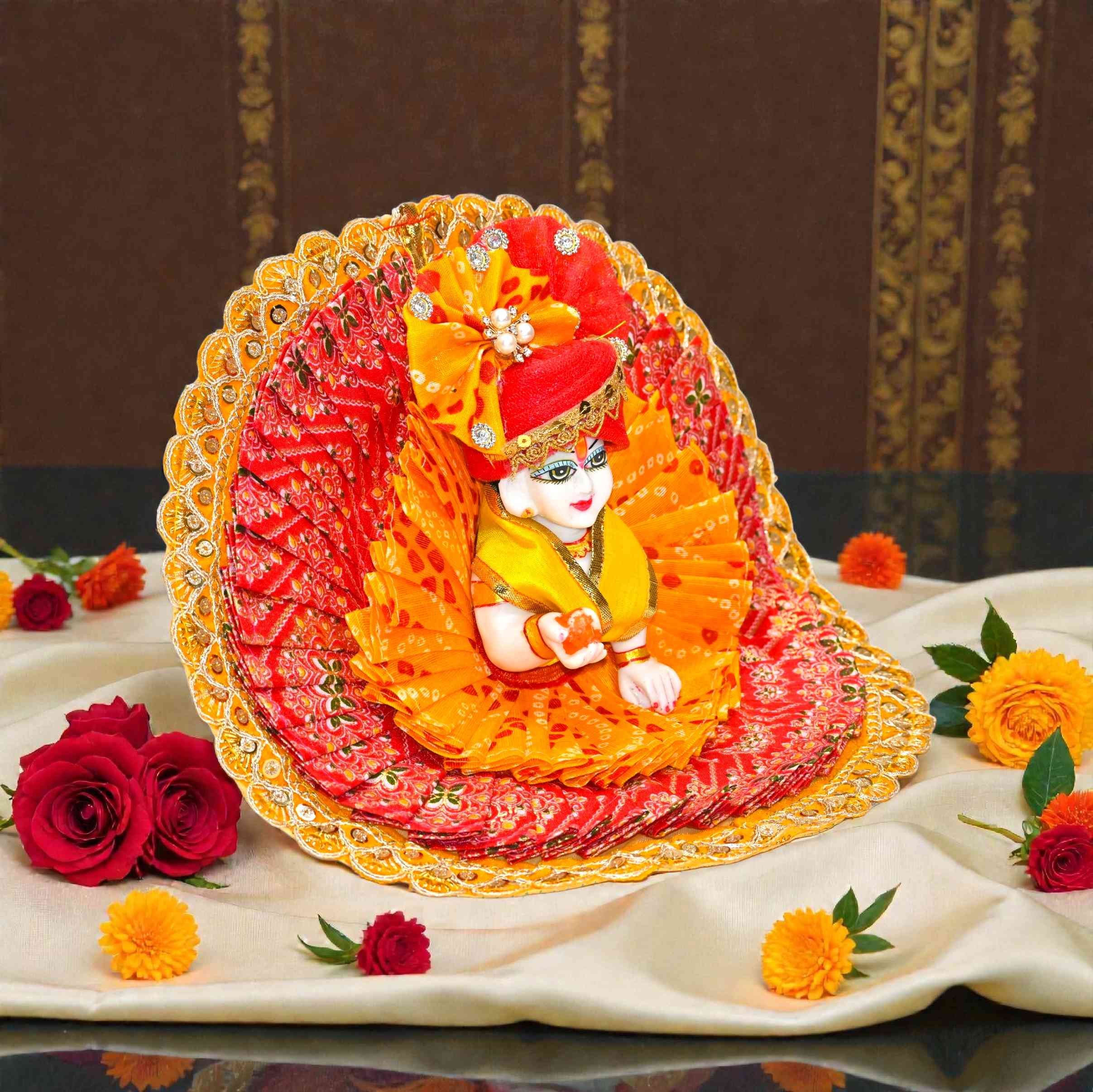 Laddu Gopal Ji Dress with Mukut | Heavy Festive Poshak for Kanha Ji | Traditional Bandhani Style | Designer Yellow Poshak for Krishna Ji | Janmashtami & Diwali Special Fancy Dress | Size 0 to 6 