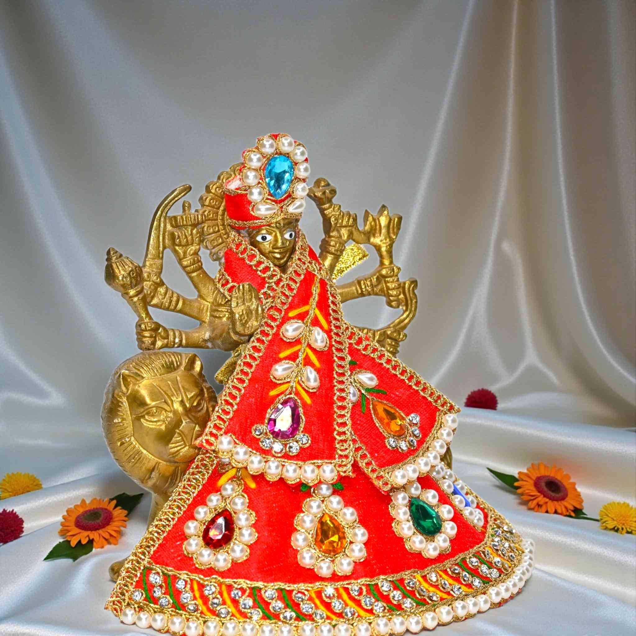  Click to see full view Product Image Product Image Product Image Product Image Product Image Ask Rufus Can it be used for daily pooja? Does it come with a mukut? Is it handmade? Ask something else MATA Rani Poshak | MATA Rani Ji Dress for Idol | 