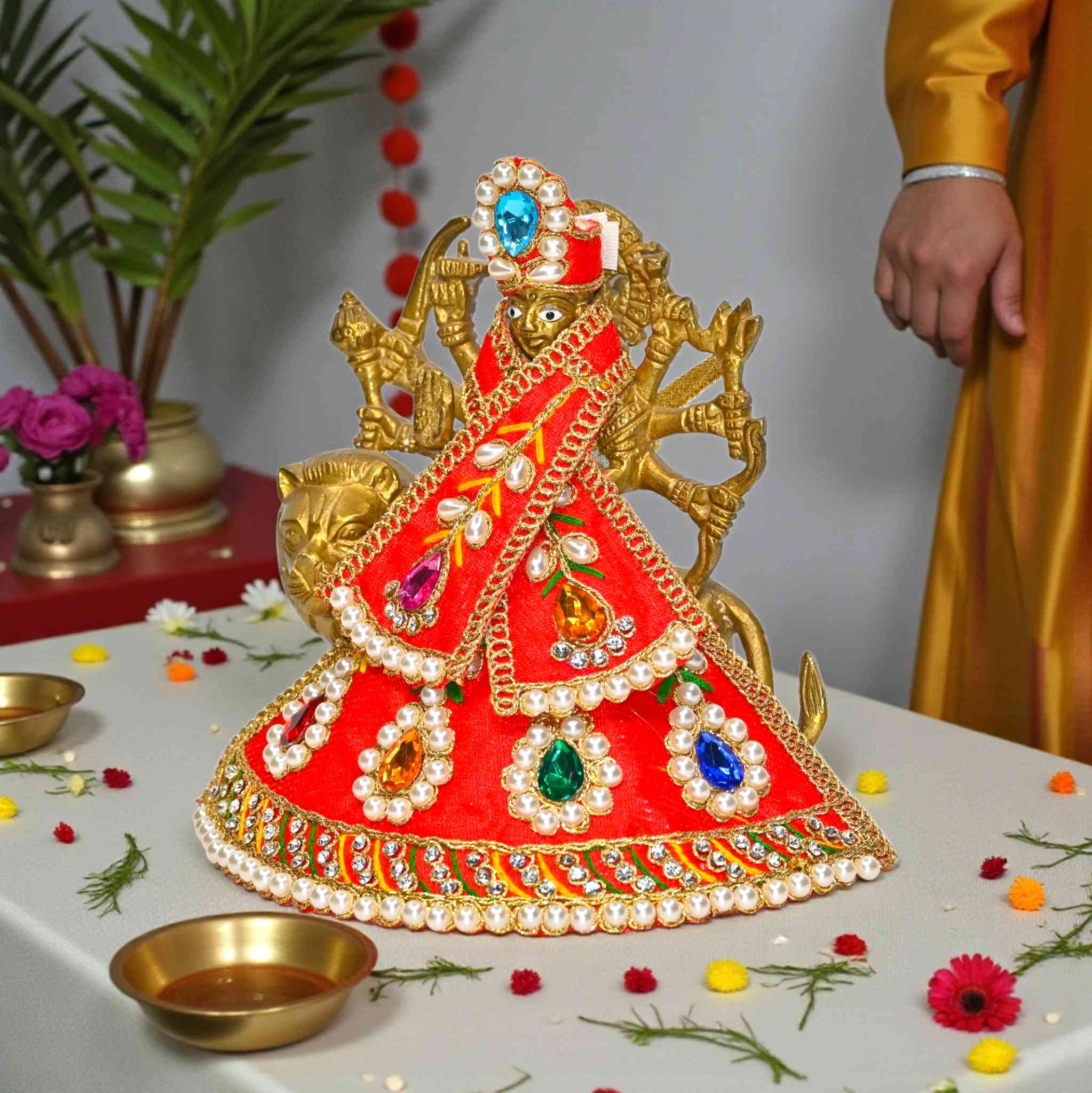  Click to see full view Product Image Product Image Product Image Product Image Product Image  Ask Rufus  Can it be used for daily pooja?   Does it come with a mukut?   Is it handmade?   Ask something else MATA Rani Poshak | MATA Rani Ji Dress for Idol | 