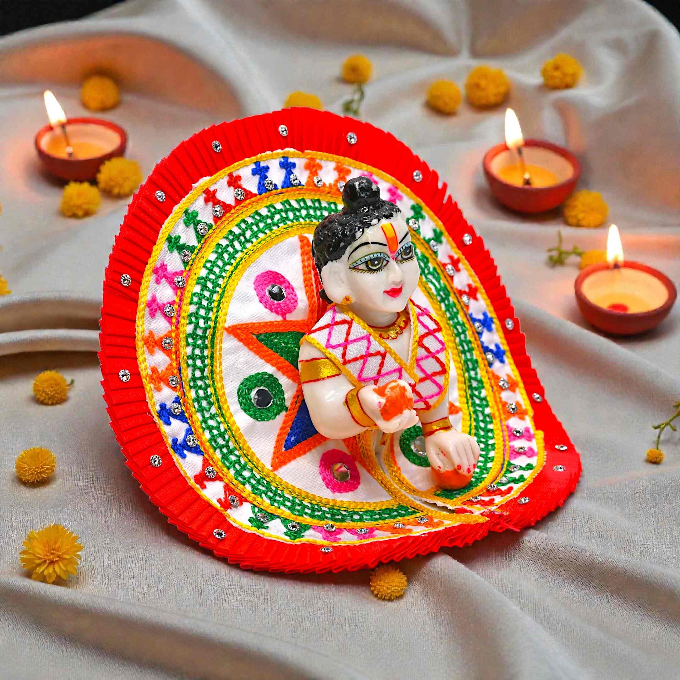Kashyap G Poshak® Laddu Gopal Ji Dress with Mukut | Cotton Summer Poshak | Handcrafted Circular Design | Size 0–6